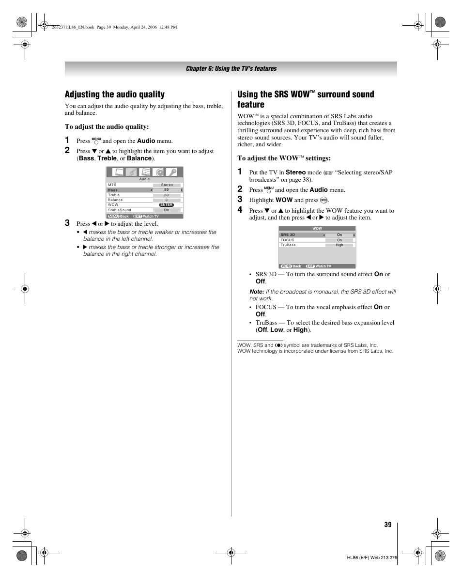 Adjusting the audio quality, Using the srs wow, Surround sound feature | Toshiba 26HL86 User Manual | Page 39 / 50