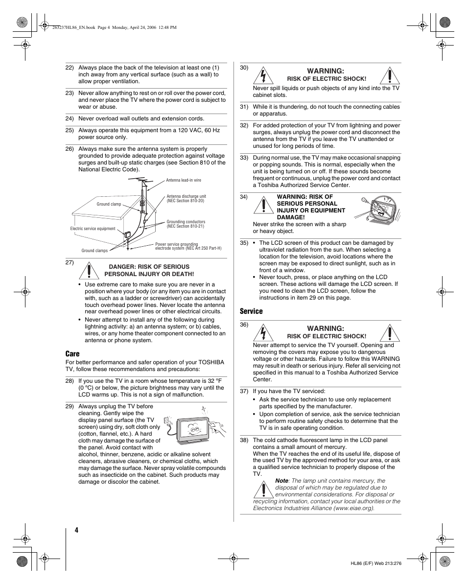 Care, Service | Toshiba 26HL86 User Manual | Page 4 / 50