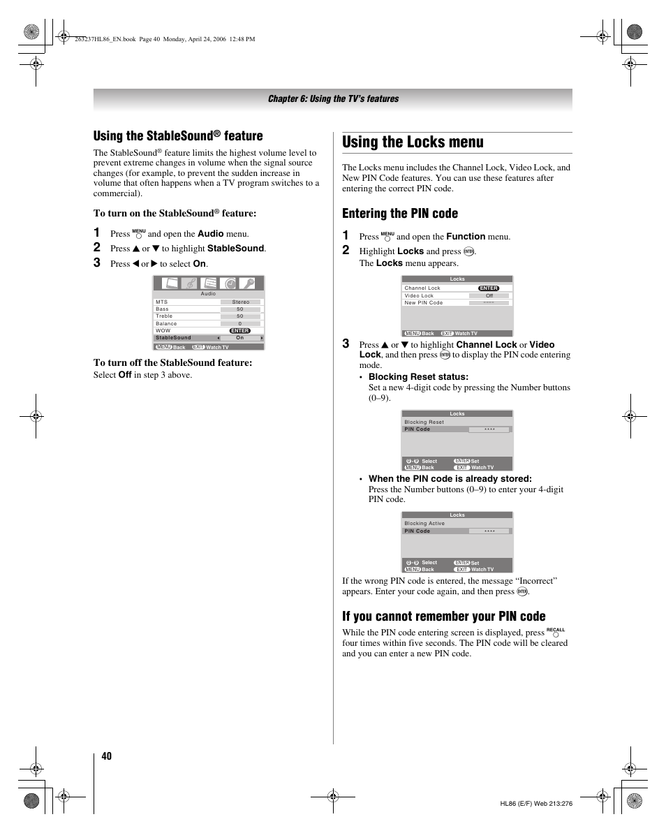 Using the locks menu, Using the stablesound, Feature | Entering the pin code 1, If you cannot remember your pin code | Toshiba 26HL86 User Manual | Page 40 / 50