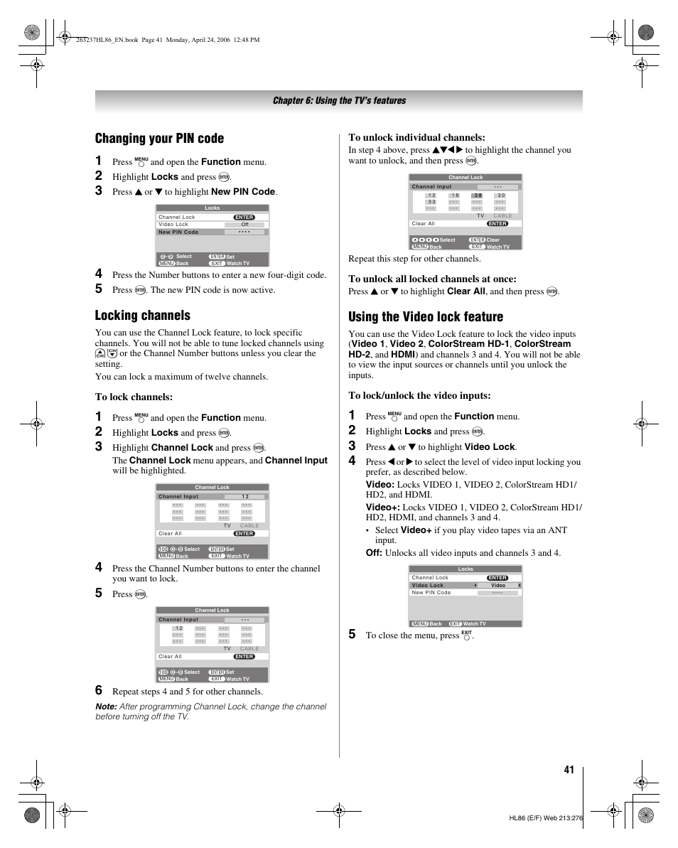 Changing your pin code 1, Locking channels, Using the video lock feature | Toshiba 26HL86 User Manual | Page 41 / 50