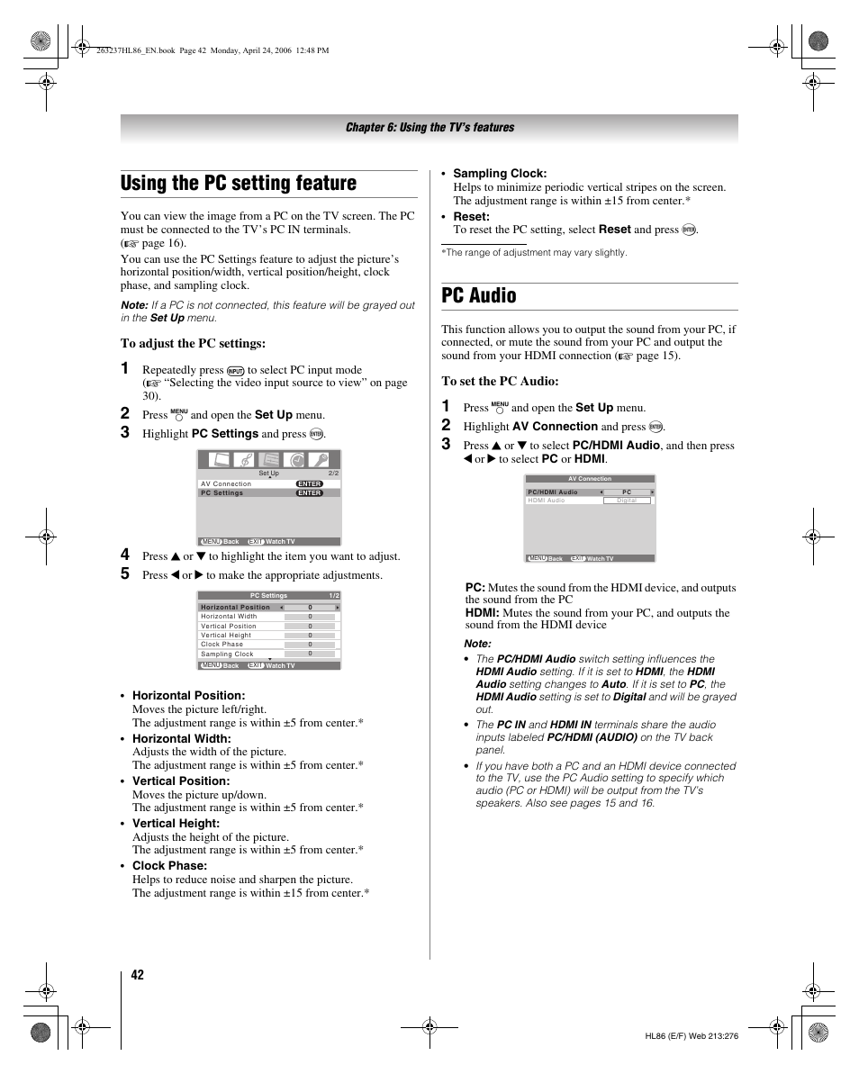 Using the pc setting feature, Pc audio | Toshiba 26HL86 User Manual | Page 42 / 50