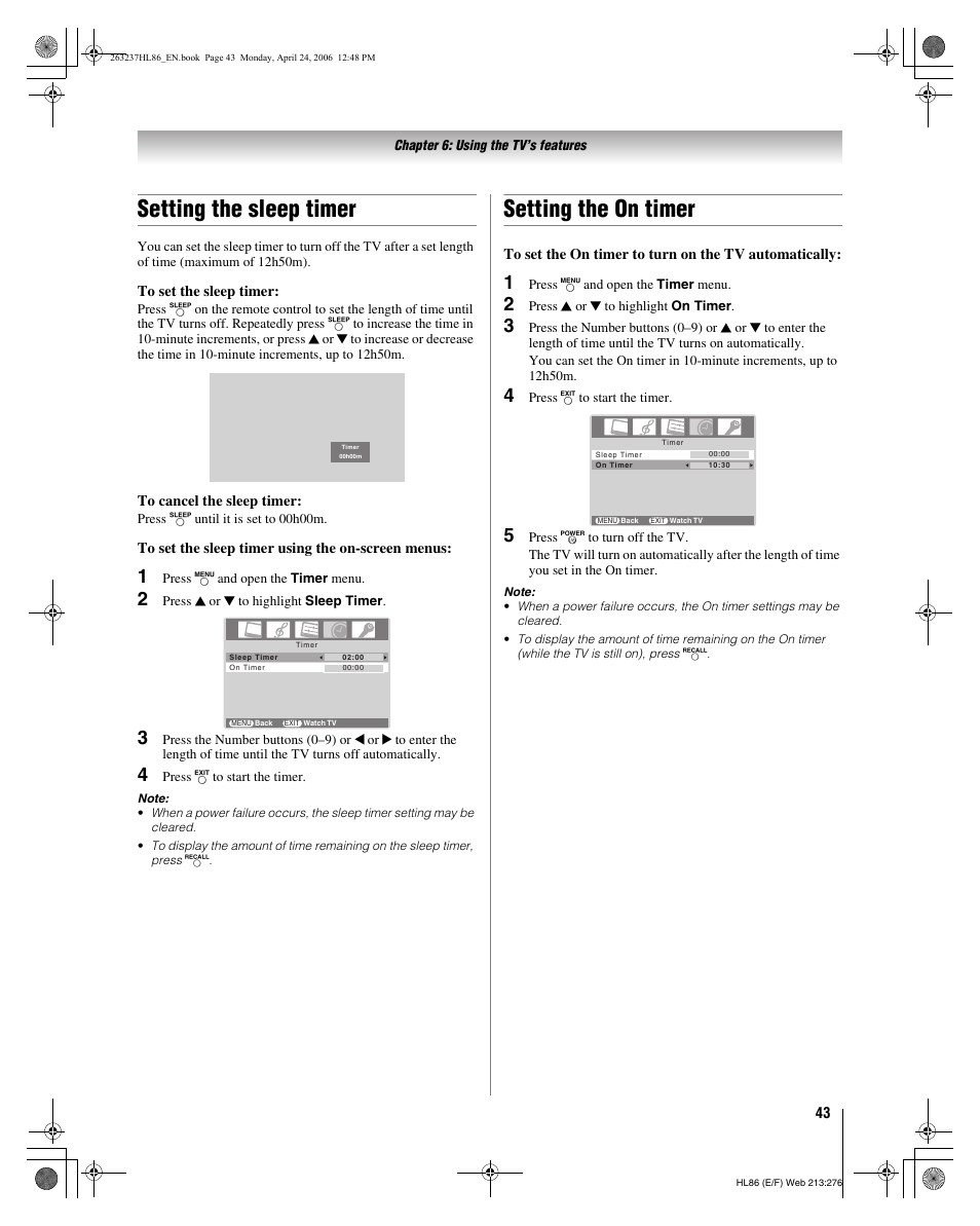 Setting the sleep timer, Setting the on timer | Toshiba 26HL86 User Manual | Page 43 / 50