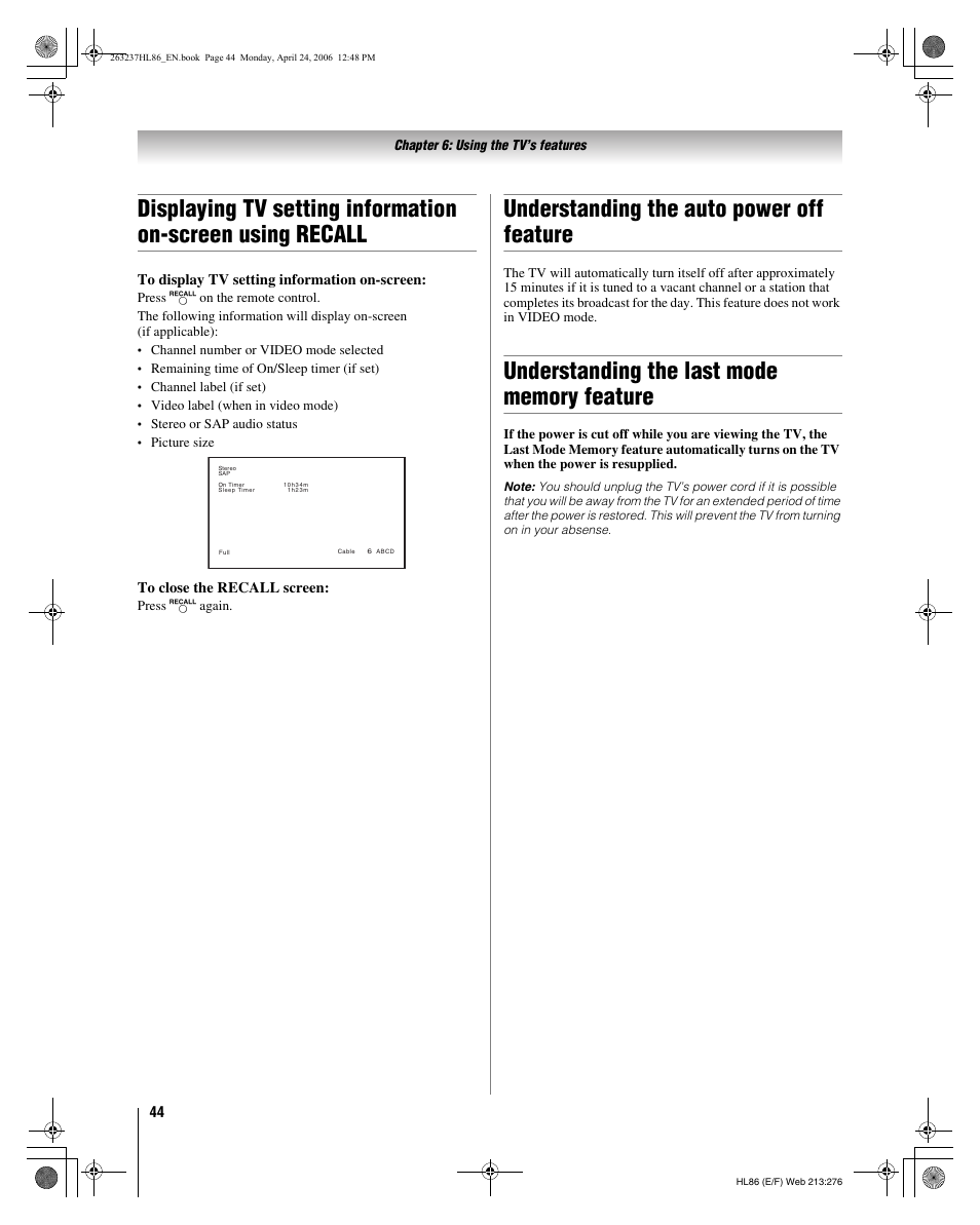 Understanding the auto power off feature | Toshiba 26HL86 User Manual | Page 44 / 50