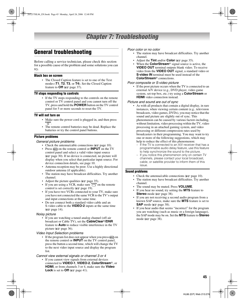 Chapter 7: troubleshooting, General troubleshooting | Toshiba 26HL86 User Manual | Page 45 / 50