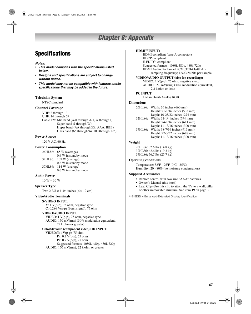 Chapter 8: appendix, Specifications | Toshiba 26HL86 User Manual | Page 47 / 50