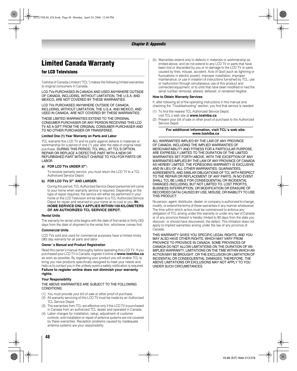 Limited canada warranty | Toshiba 26HL86 User Manual | Page 48 / 50