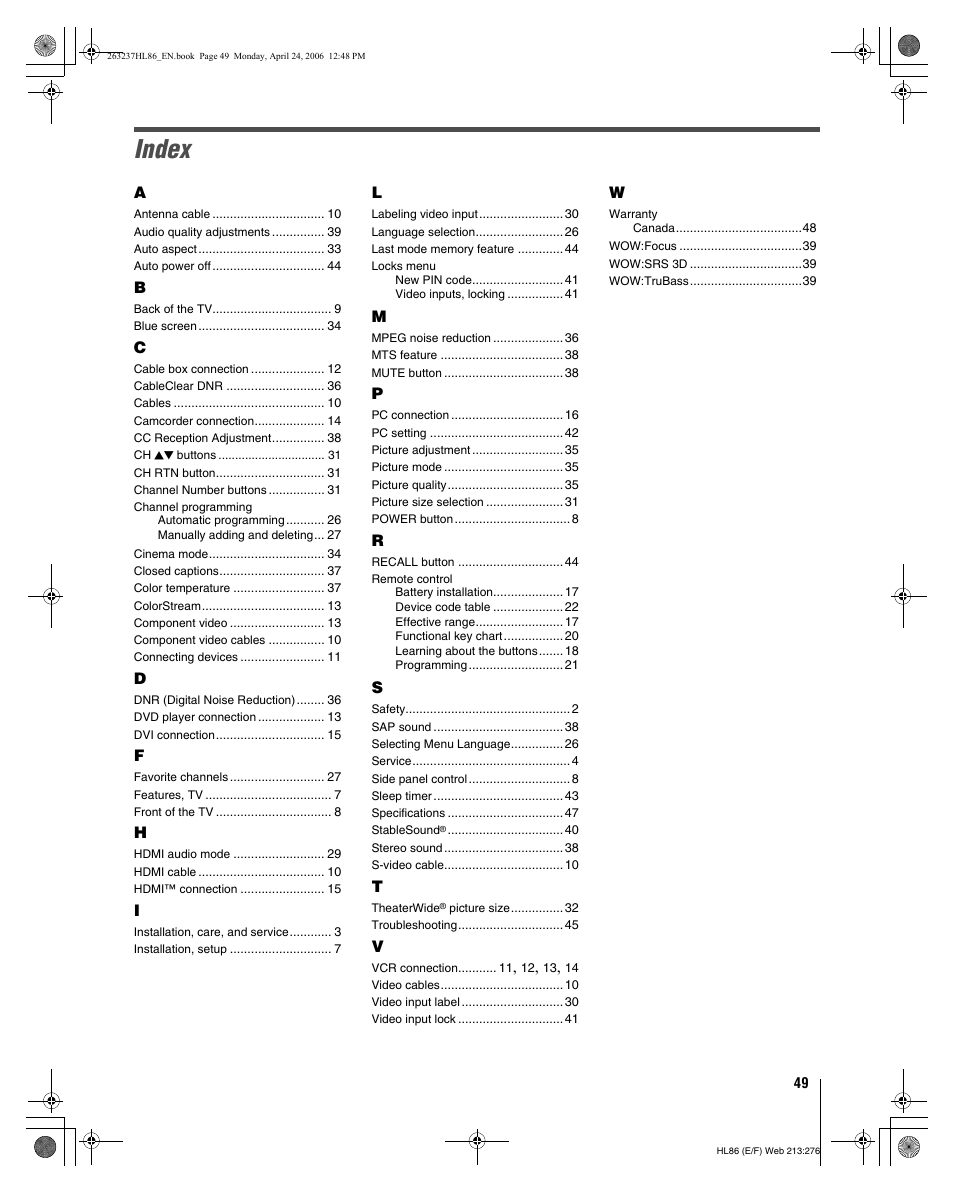 Index | Toshiba 26HL86 User Manual | Page 49 / 50