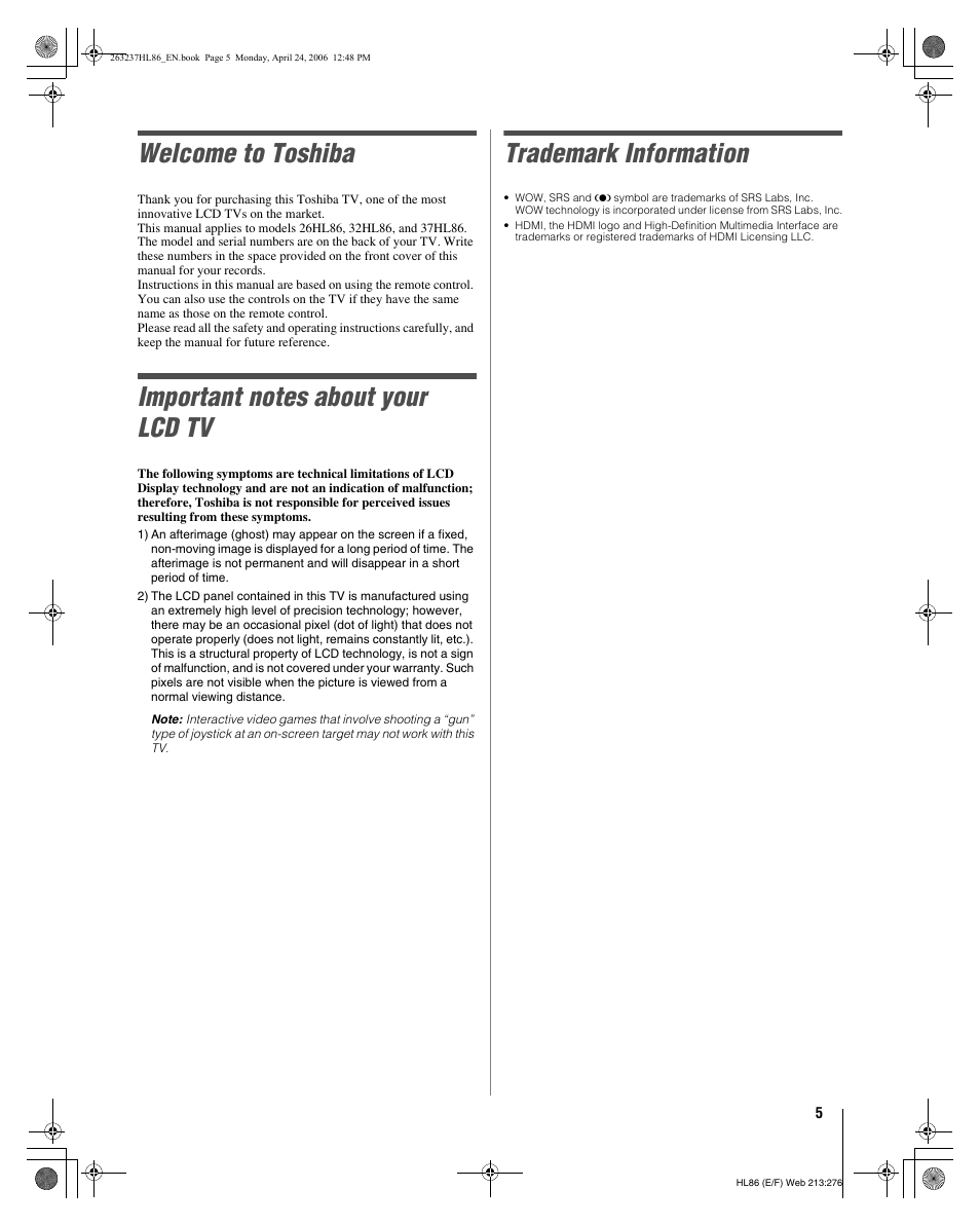 Welcome to toshiba, Trademark information | Toshiba 26HL86 User Manual | Page 5 / 50