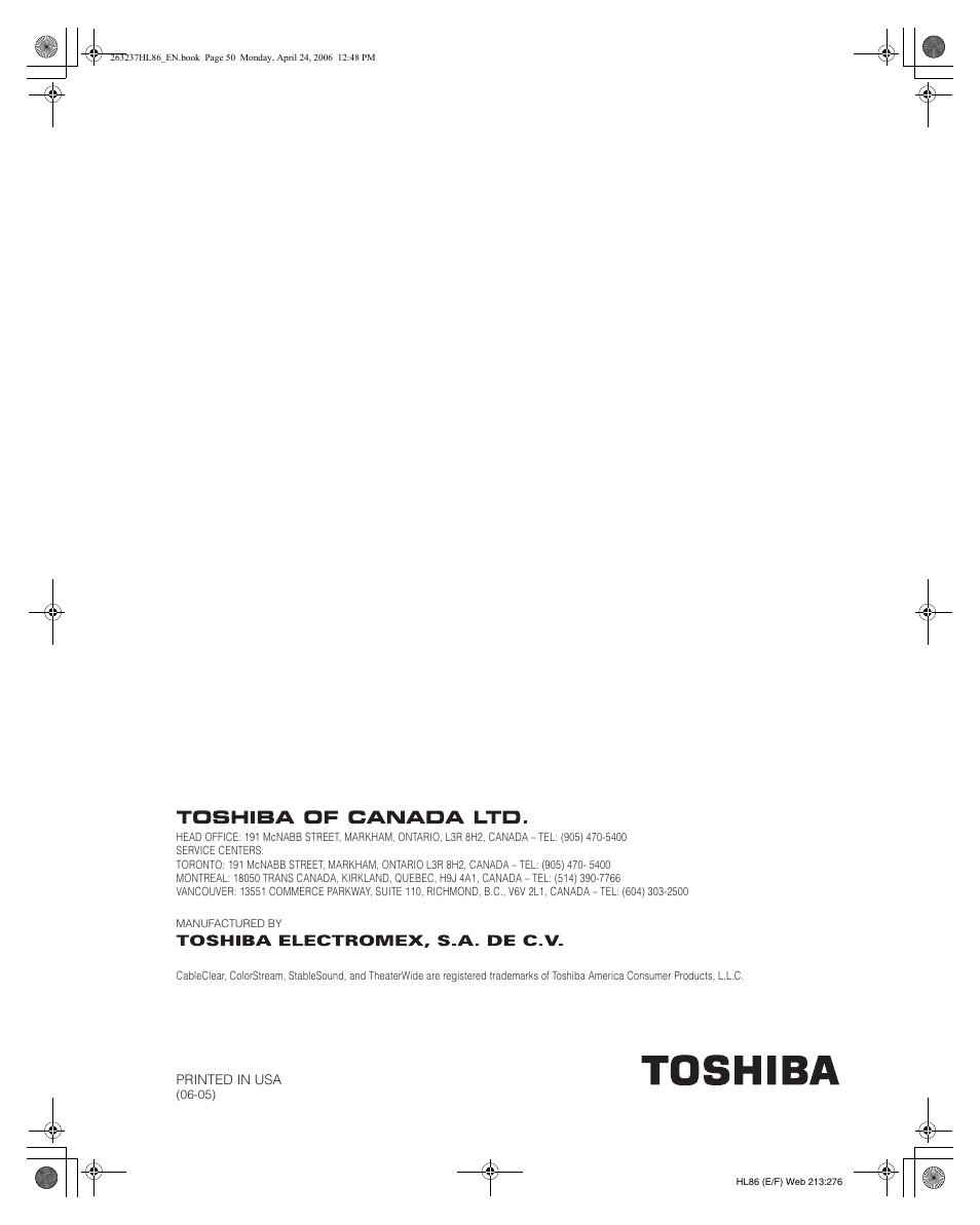 Toshiba 26HL86 User Manual | Page 50 / 50