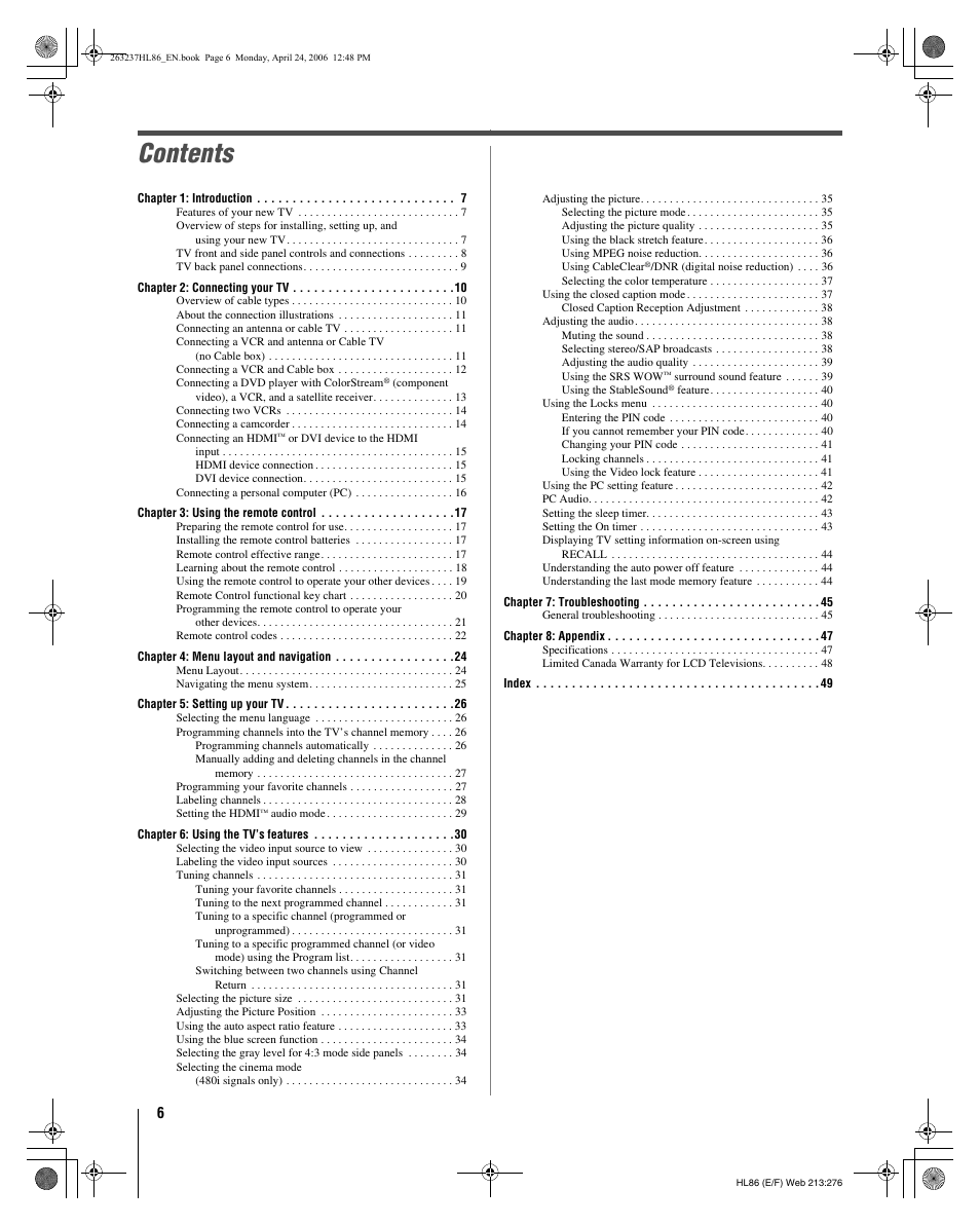 Toshiba 26HL86 User Manual | Page 6 / 50