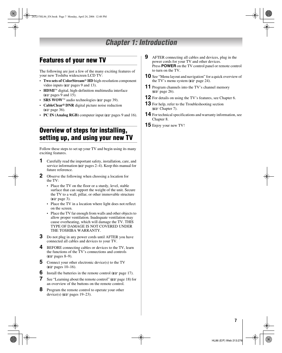 Chapter 1: introduction, Features of your new tv | Toshiba 26HL86 User Manual | Page 7 / 50