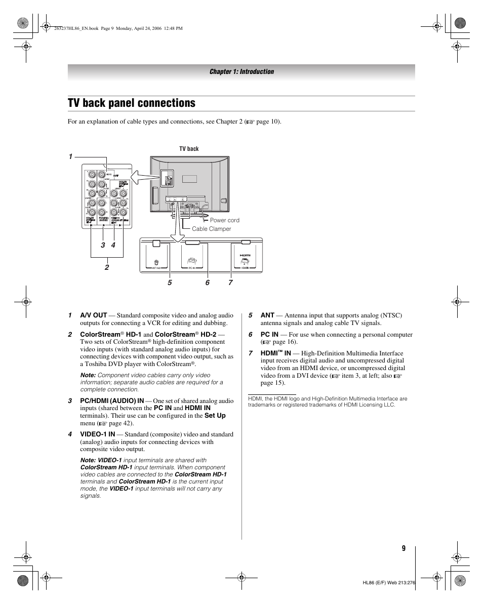 Tv back panel connections | Toshiba 26HL86 User Manual | Page 9 / 50