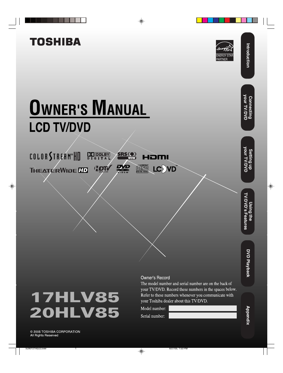 Toshiba 17HLV85 User Manual | 66 pages