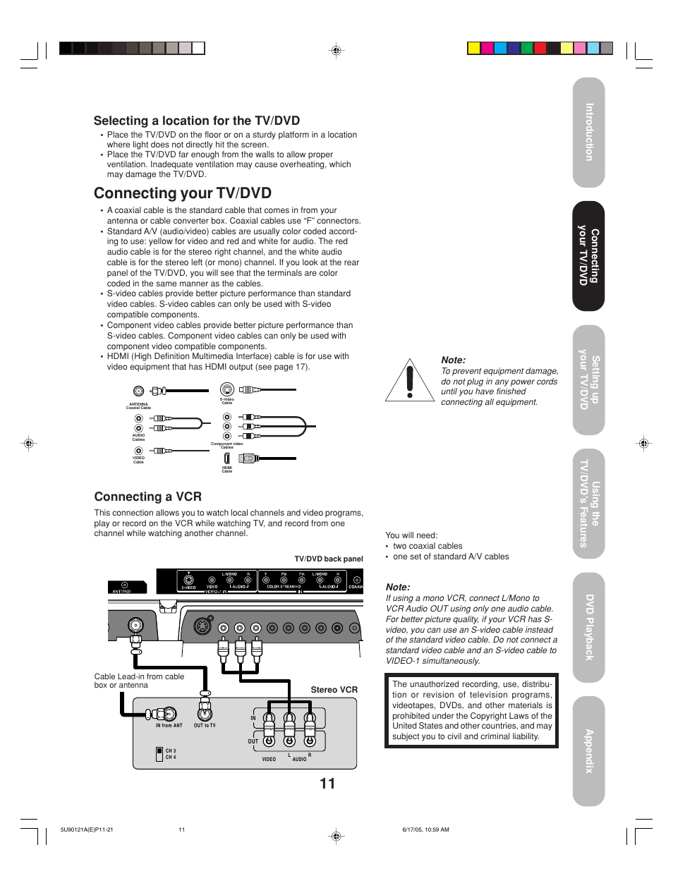 Connecting your tv/dvd, Connecting a vcr, Selecting a location for the tv/dvd | Toshiba 17HLV85 User Manual | Page 11 / 66