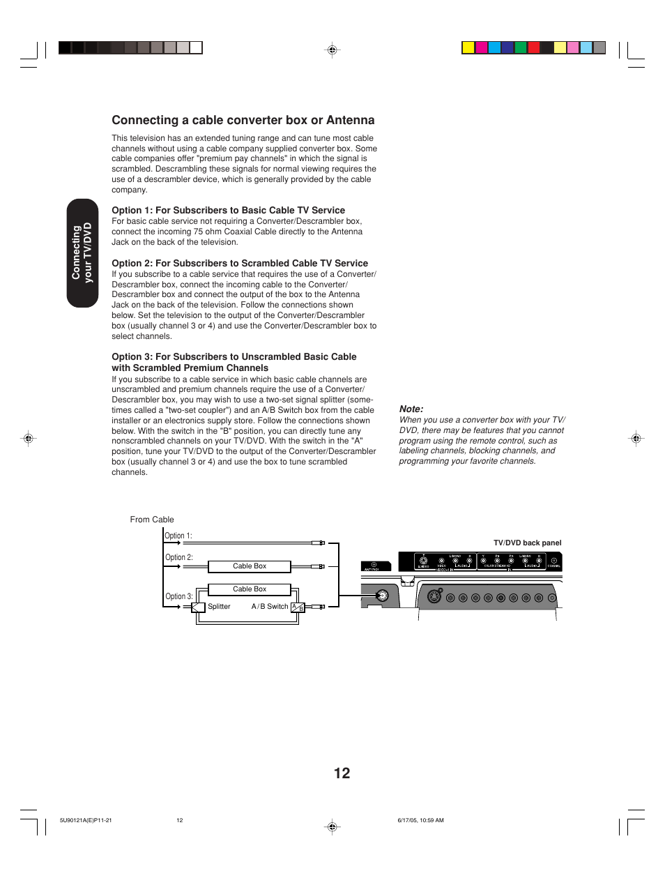 Connecting a cable converter box or antenna | Toshiba 17HLV85 User Manual | Page 12 / 66
