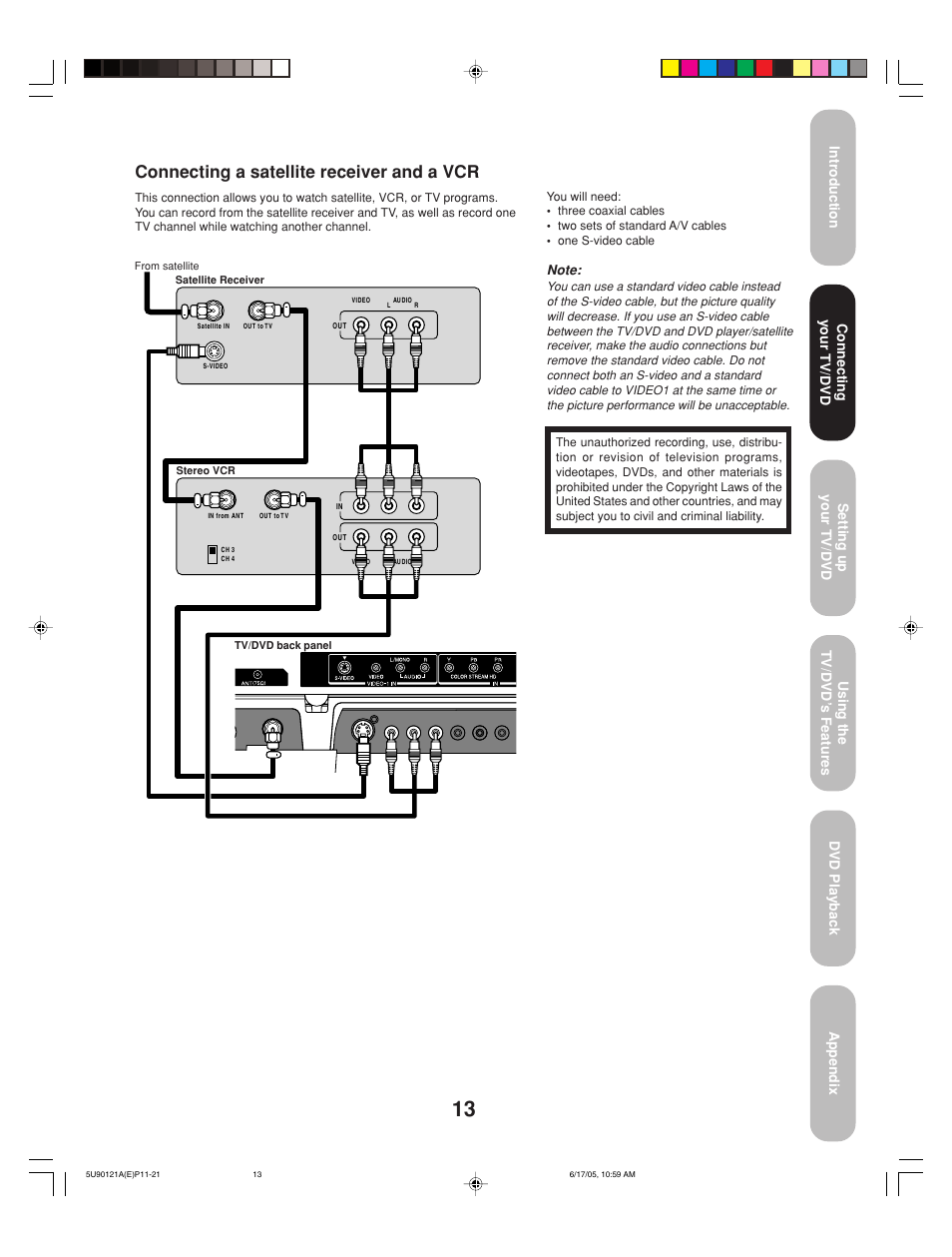 Connecting a satellite receiver and a vcr, Connecting your tv/dvd | Toshiba 17HLV85 User Manual | Page 13 / 66