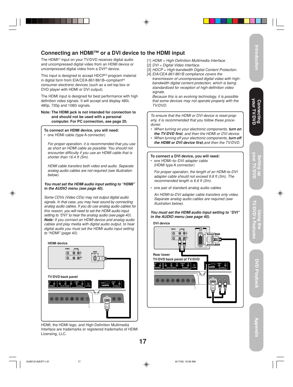 Connecting your tv/dvd | Toshiba 17HLV85 User Manual | Page 17 / 66