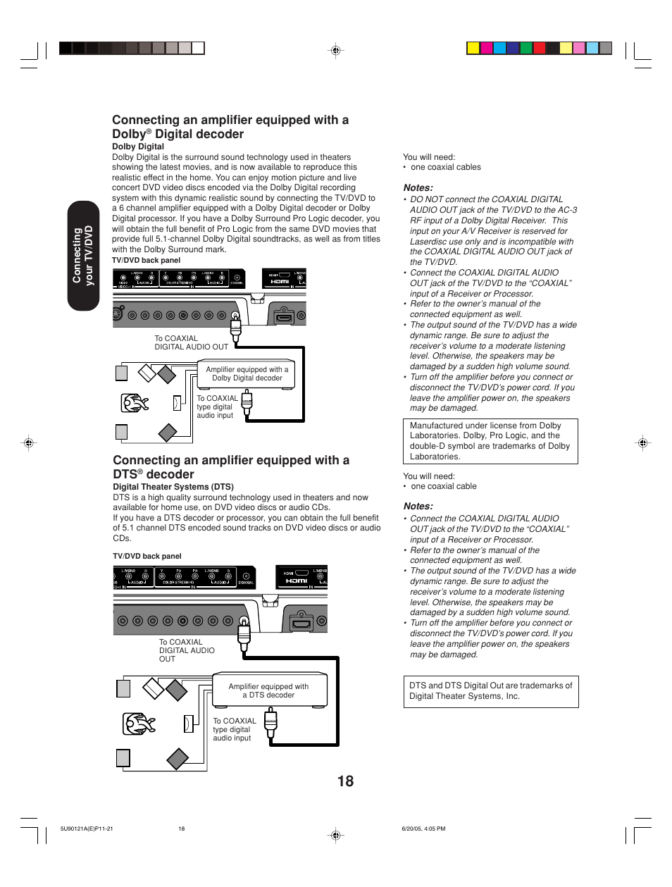 Connecting an amplifier equipped with a dolby, Digital decoder, Connecting an amplifier equipped with a dts | Decoder | Toshiba 17HLV85 User Manual | Page 18 / 66