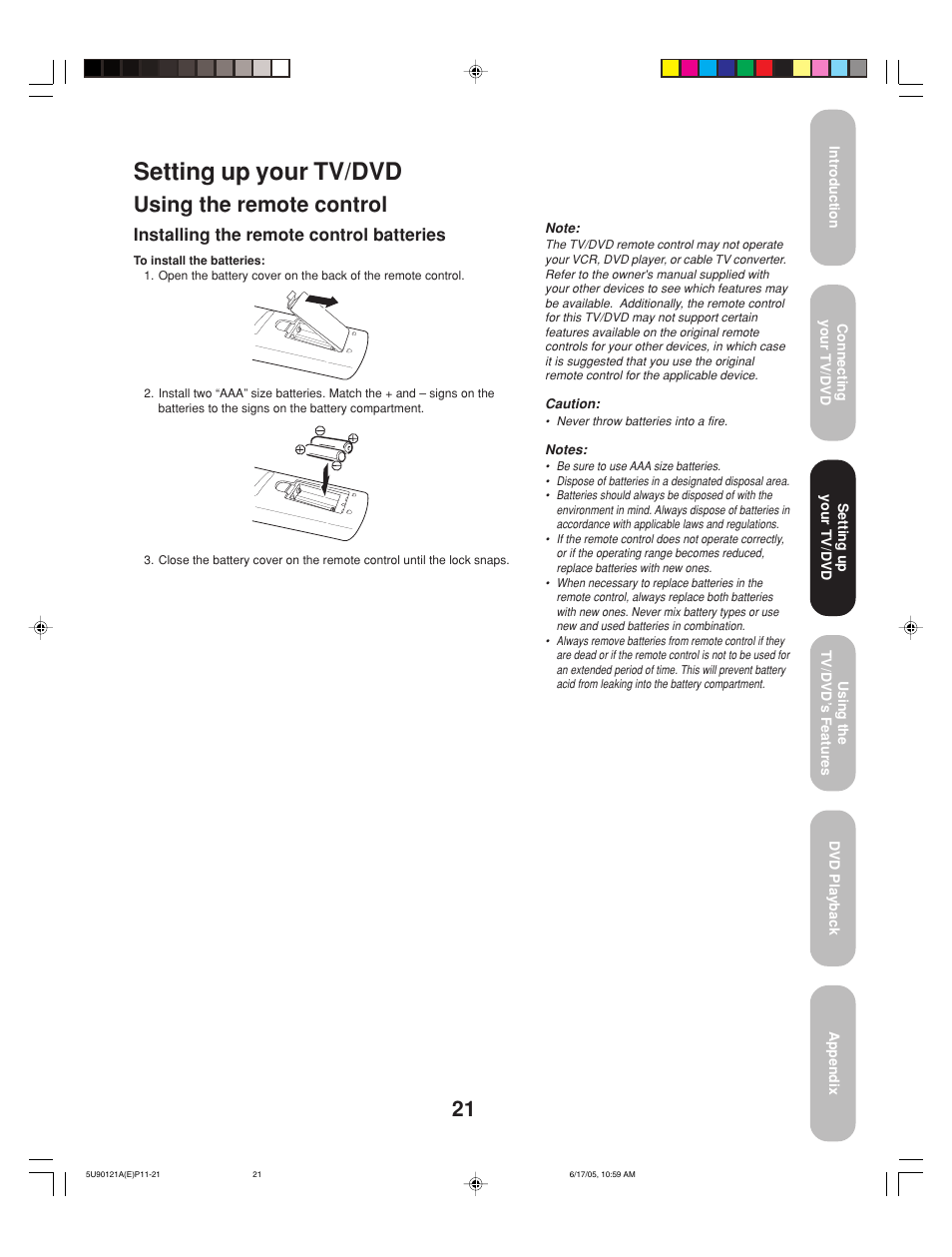 Setting up your tv/dvd, Using the remote control, Installing the remote control batteries | Toshiba 17HLV85 User Manual | Page 21 / 66