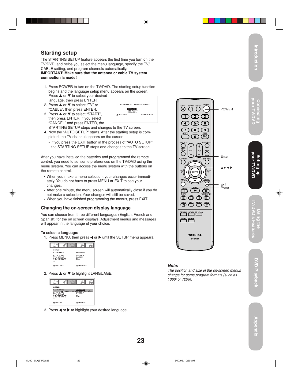 Starting setup, Changing the on-screen display language, Setting up your tv/dvd | Toshiba 17HLV85 User Manual | Page 23 / 66