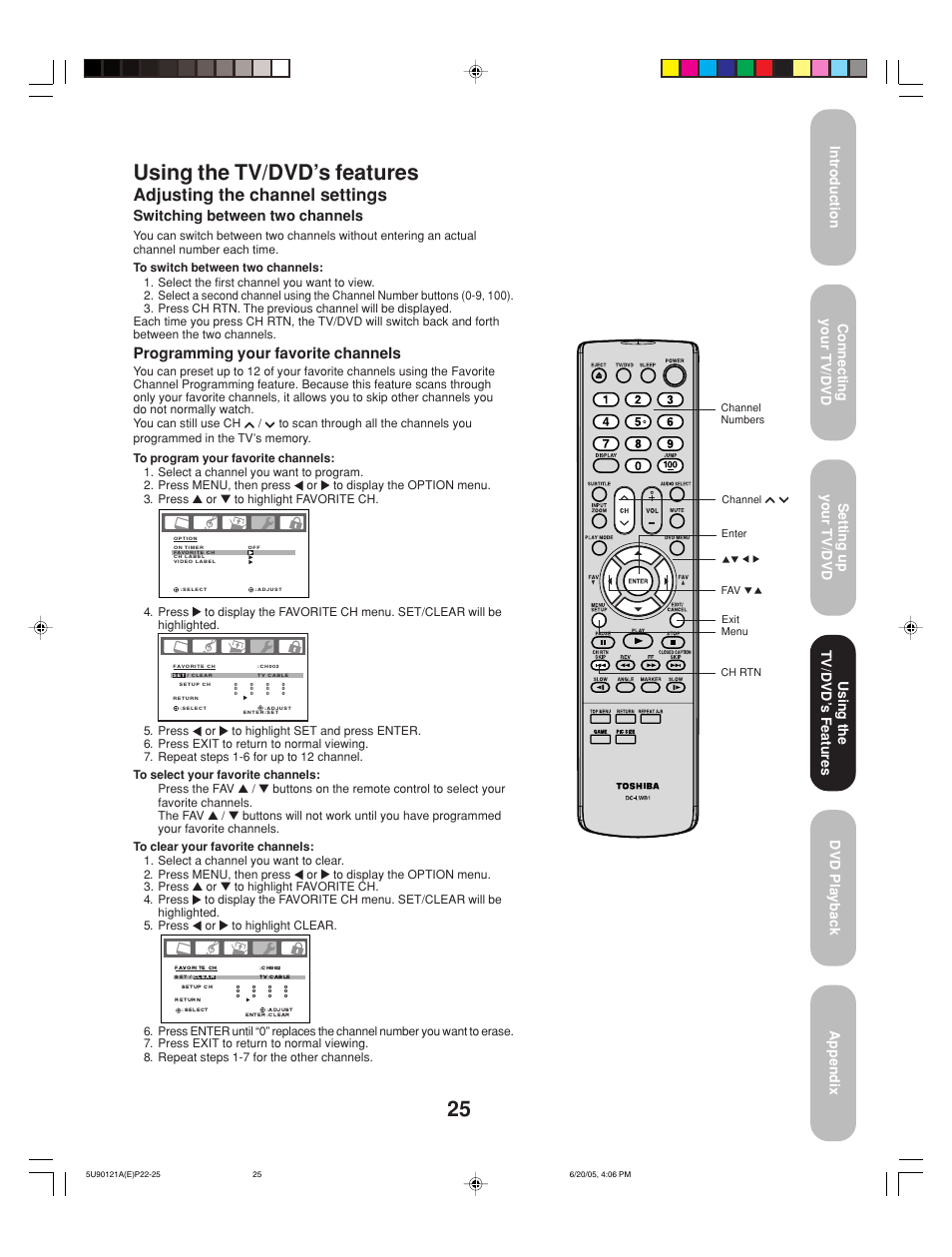 Using the tv/dvd’s features, Adjusting the channel settings, Programming your favorite channels | Switching between two channels, Using the tv/dvd’ s features | Toshiba 17HLV85 User Manual | Page 25 / 66