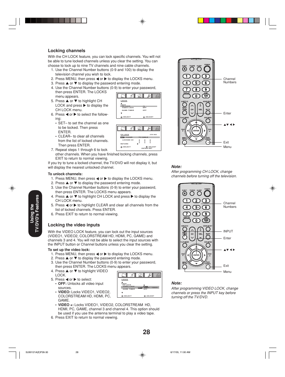 Locking the video inputs, Locking channels, Using the tv/dvd’ s features | Toshiba 17HLV85 User Manual | Page 28 / 66