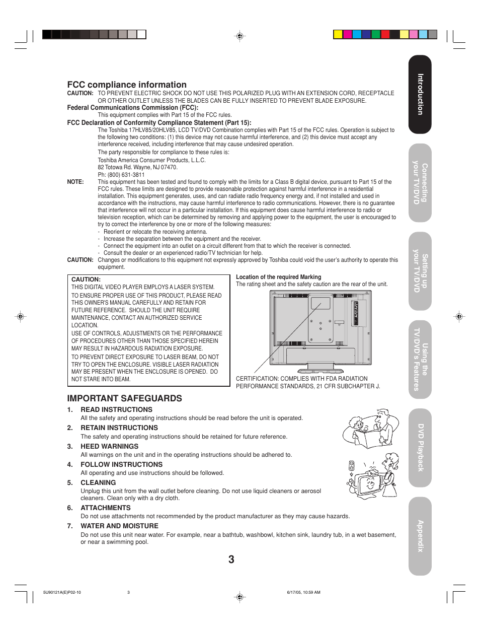 Fcc compliance information, Important safeguards | Toshiba 17HLV85 User Manual | Page 3 / 66