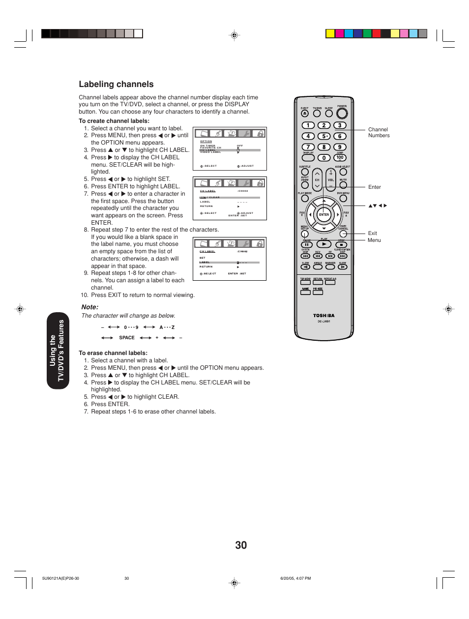 Labeling channels, Using the tv/dvd’ s features | Toshiba 17HLV85 User Manual | Page 30 / 66