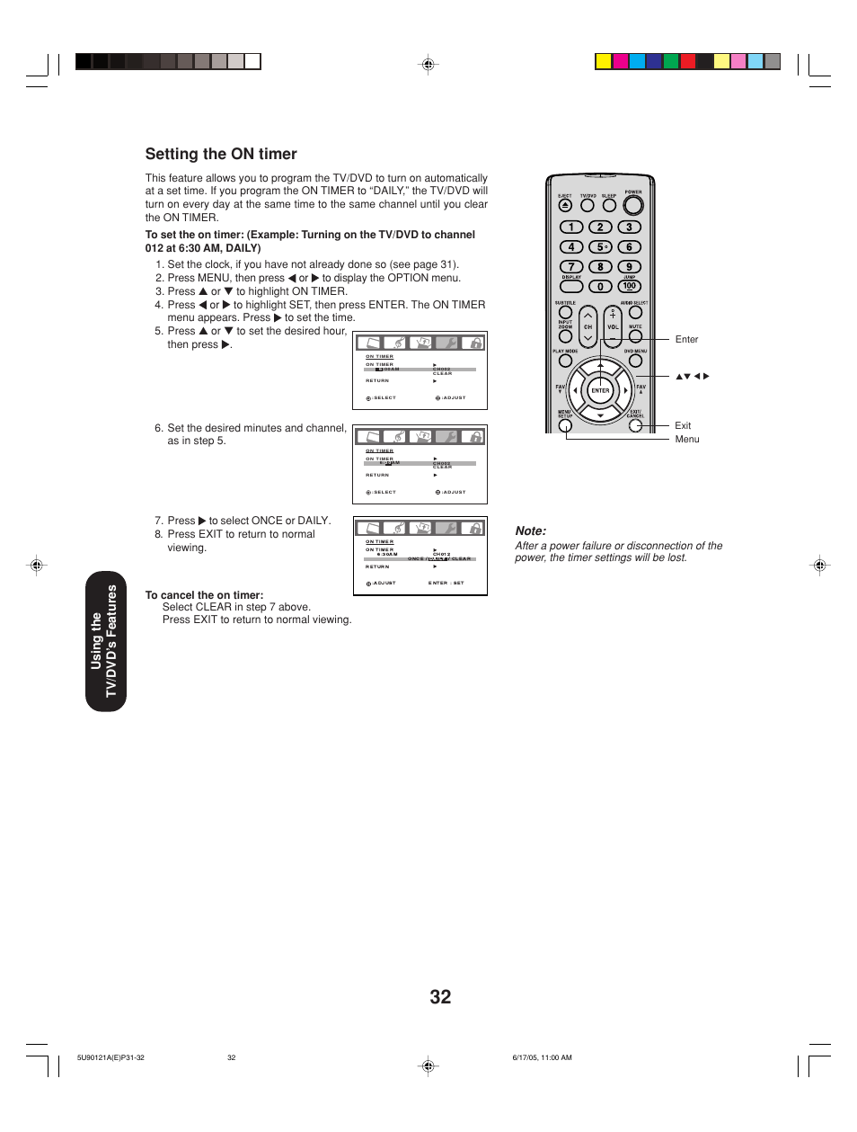 Setting the on timer, Using the tv/dvd’ s features | Toshiba 17HLV85 User Manual | Page 32 / 66