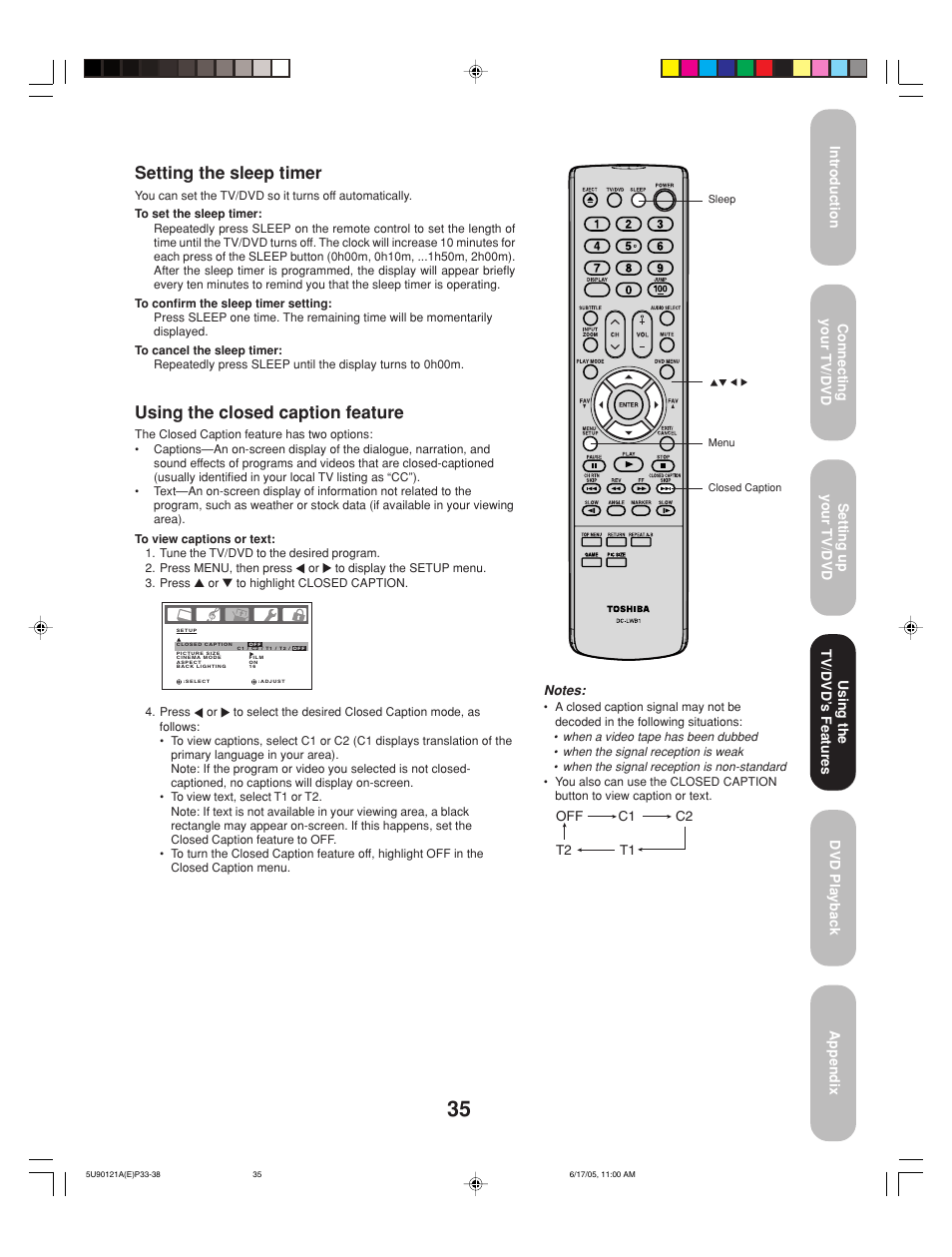 Setting the sleep timer, Using the closed caption feature | Toshiba 17HLV85 User Manual | Page 35 / 66