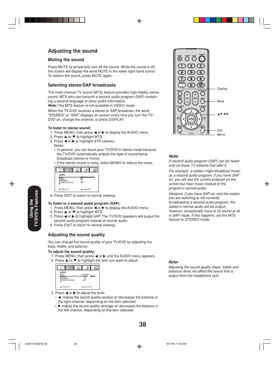 Adjusting the sound, Adjusting the sound quality, Muting the sound | Selecting stereo/sap broadcasts, Using the tv/dvd’ s features | Toshiba 17HLV85 User Manual | Page 38 / 66