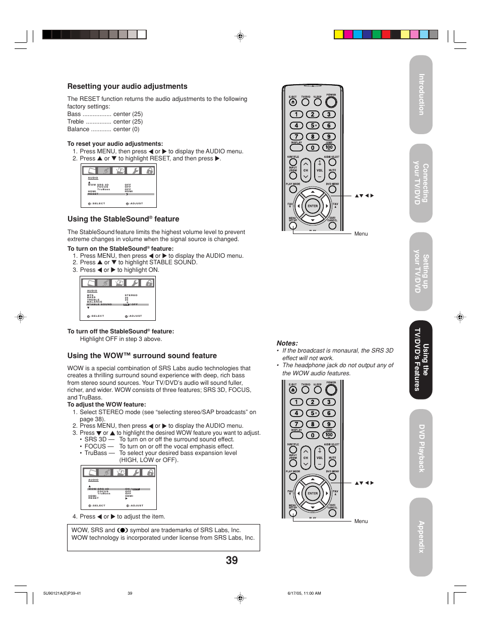 Feature, Resetting your audio adjustments, Using the wow™ surround sound feature | Using the tv/dvd’ s features | Toshiba 17HLV85 User Manual | Page 39 / 66