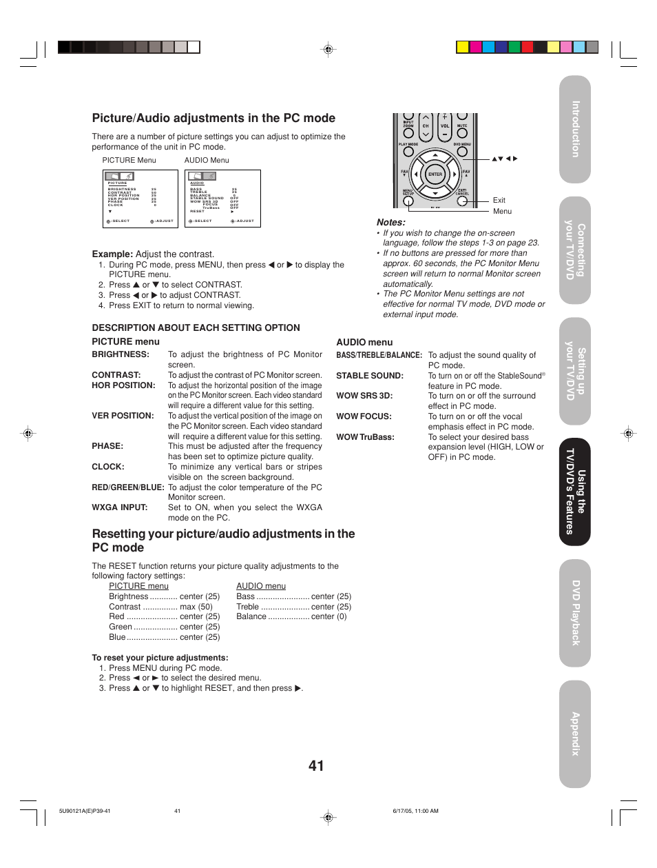 Picture/audio adjustments in the pc mode | Toshiba 17HLV85 User Manual | Page 41 / 66