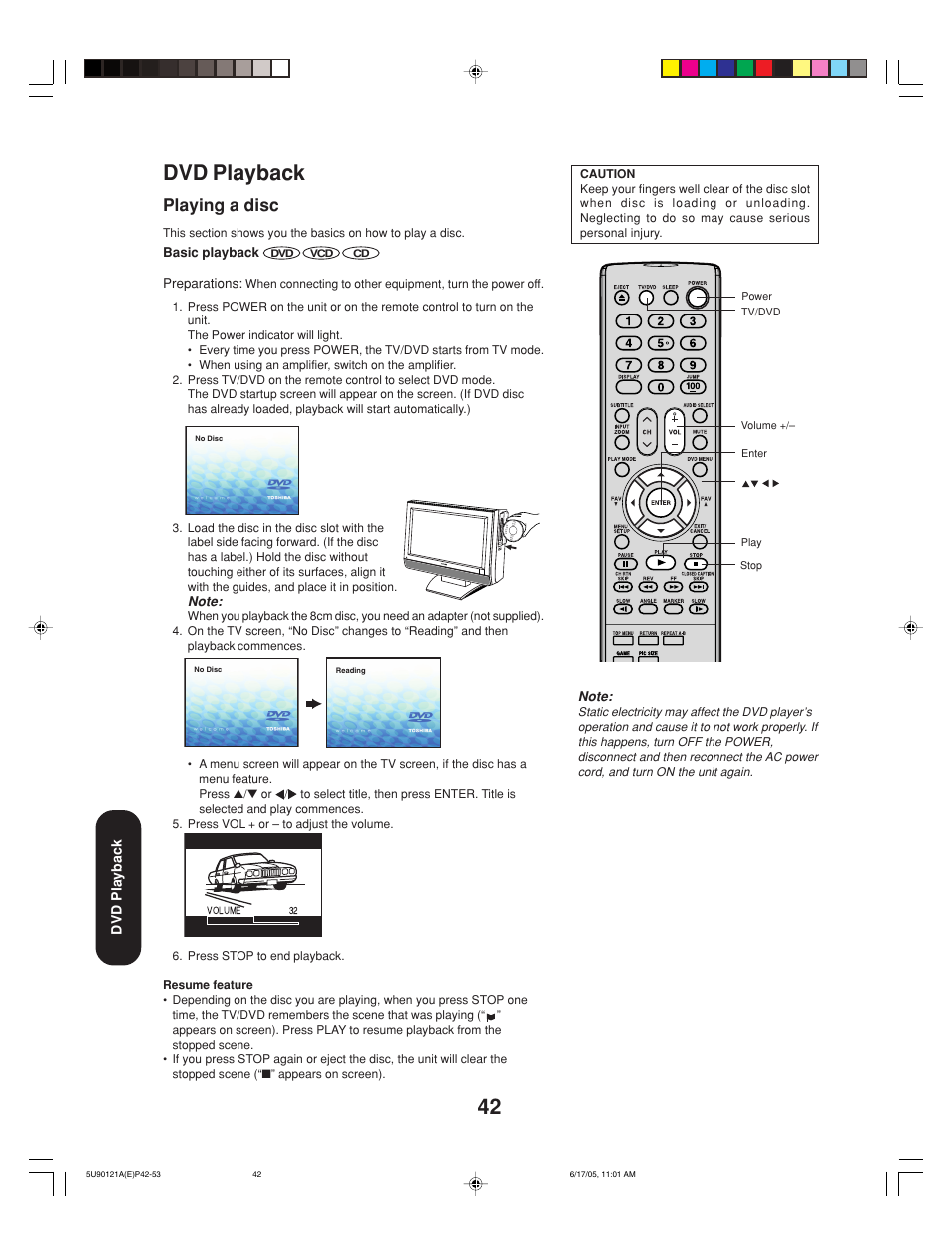 Dvd playback, Playing a disc | Toshiba 17HLV85 User Manual | Page 42 / 66