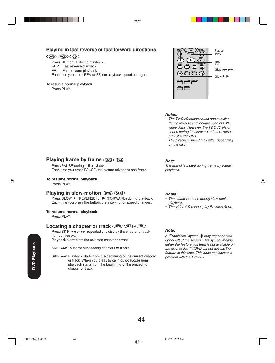Playing in fast reverse or fast forward directions, Playing frame by frame, Playing in slow-motion | Locating a chapter or track | Toshiba 17HLV85 User Manual | Page 44 / 66