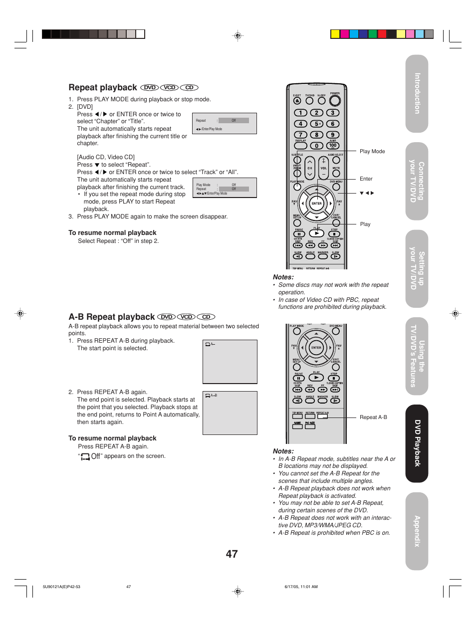 Repeat playback, A-b repeat playback | Toshiba 17HLV85 User Manual | Page 47 / 66