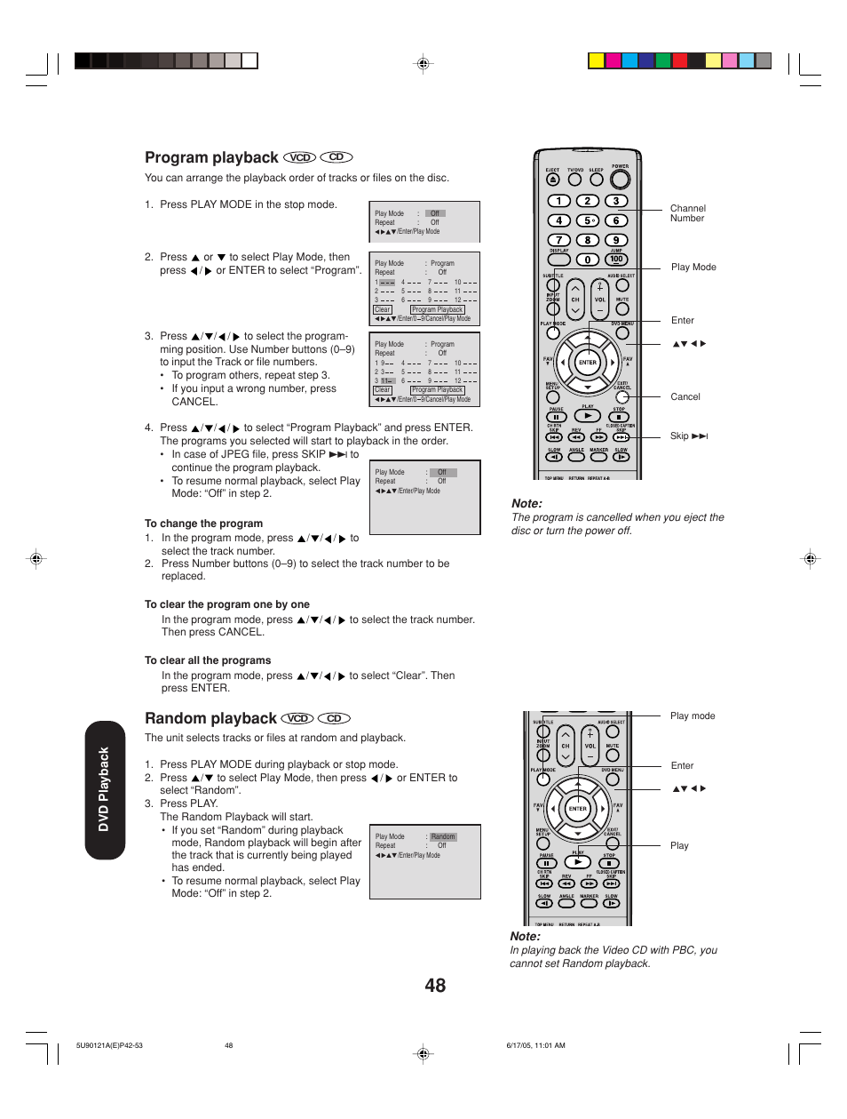 Program playback, Random playback, Dvd playback | Toshiba 17HLV85 User Manual | Page 48 / 66