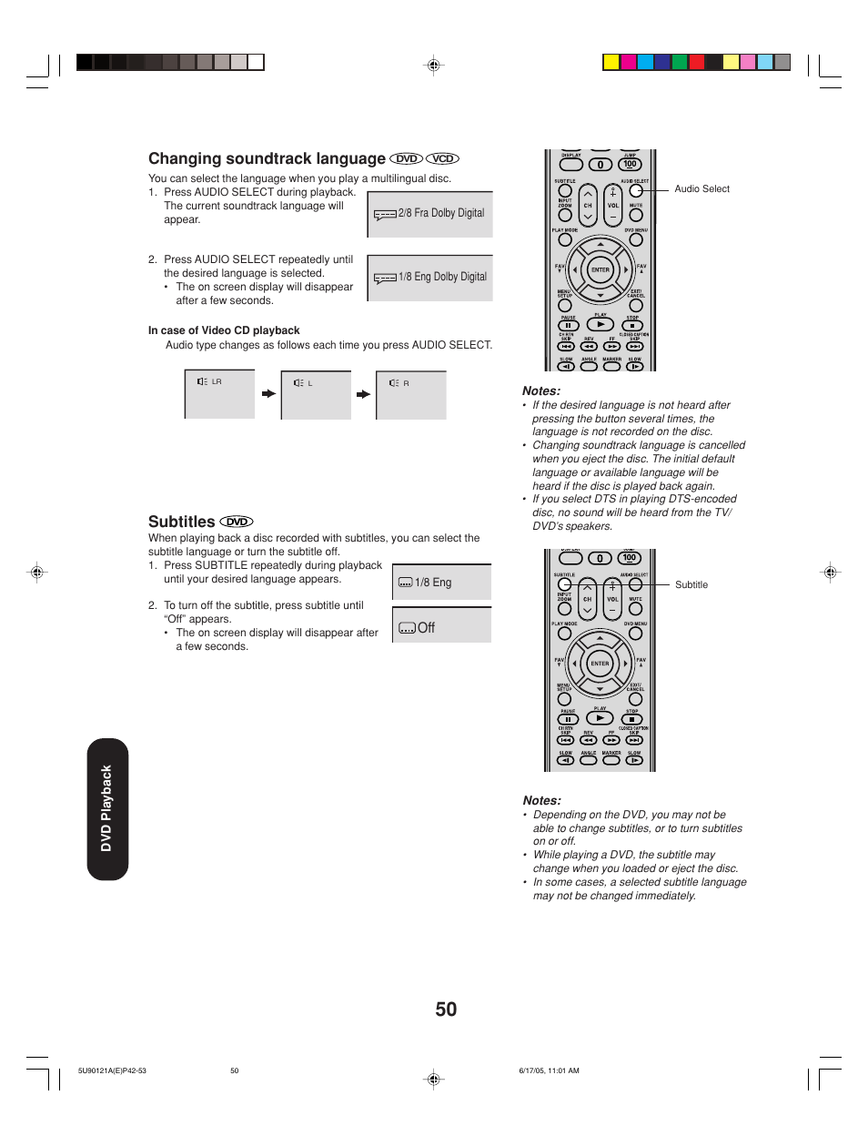 Changing soundtrack language, Subtitles | Toshiba 17HLV85 User Manual | Page 50 / 66