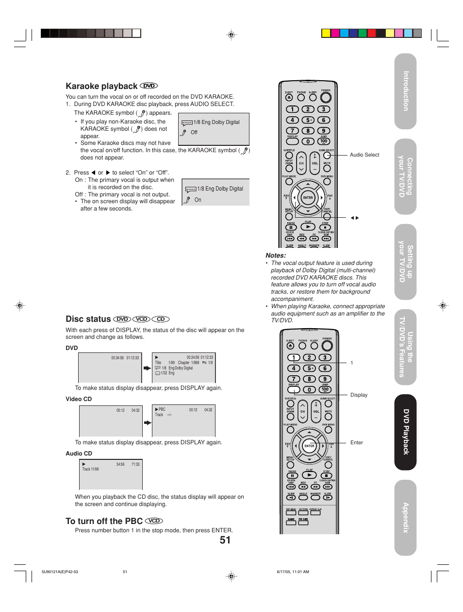 Karaoke playback, Disc status | Toshiba 17HLV85 User Manual | Page 51 / 66