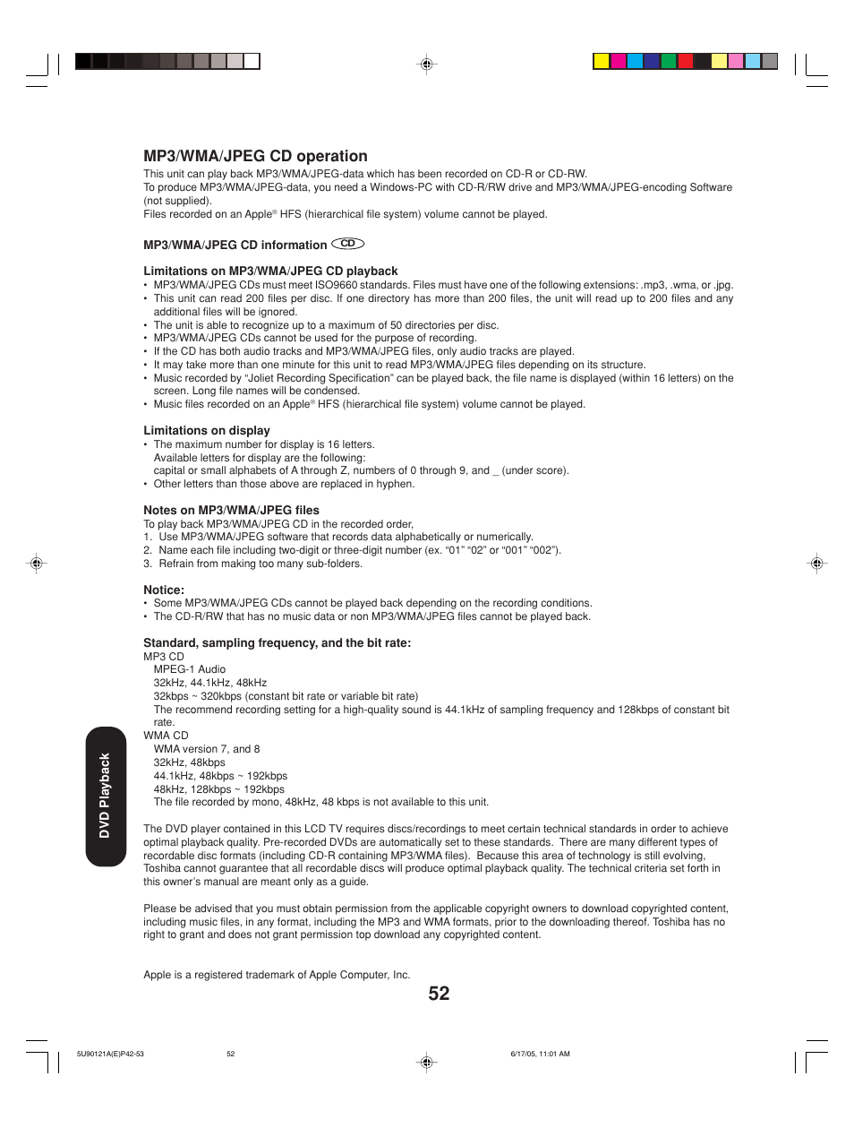 Mp3/wma/jpeg cd operation | Toshiba 17HLV85 User Manual | Page 52 / 66