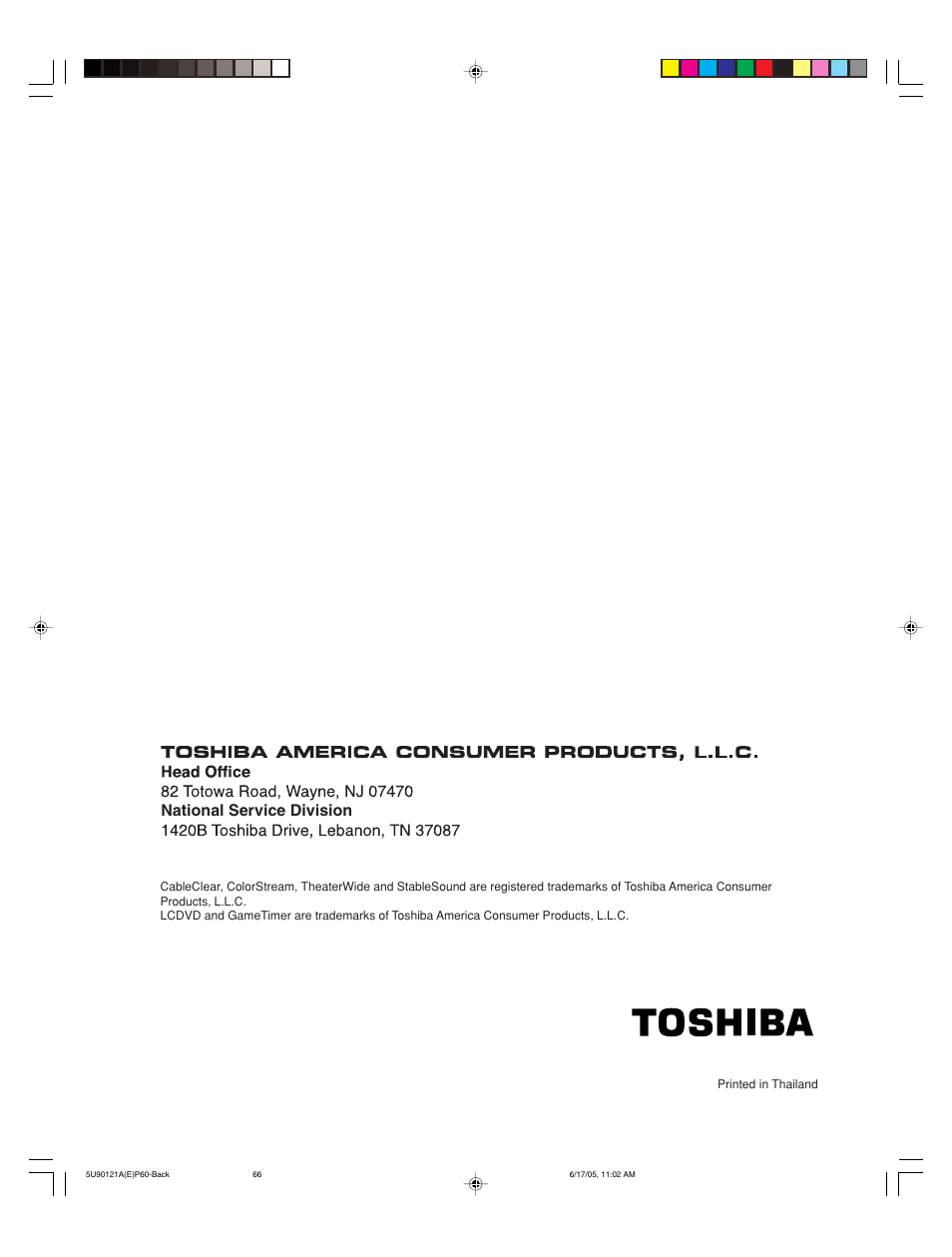 National service division | Toshiba 17HLV85 User Manual | Page 66 / 66