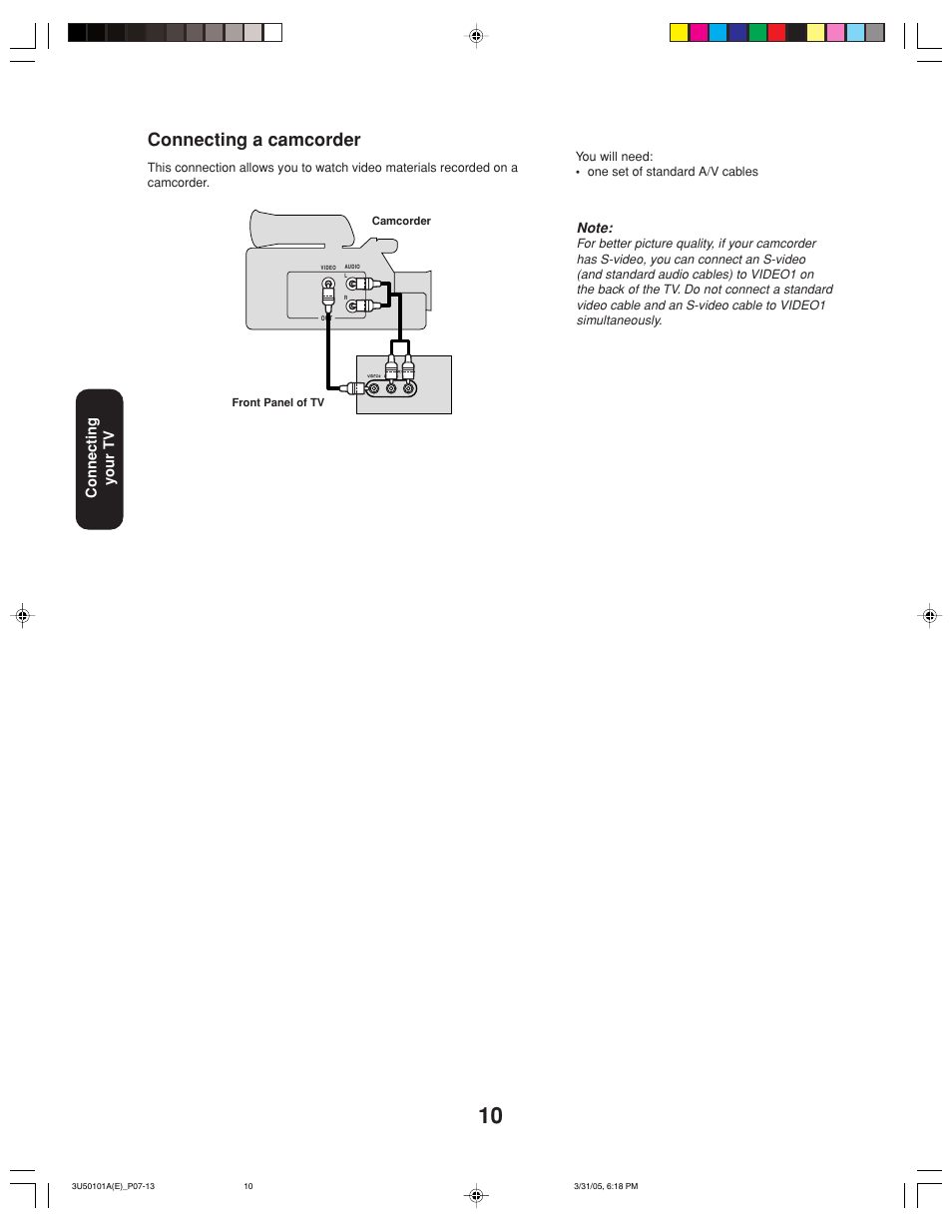 Connecting a camcorder | Toshiba 27A35C User Manual | Page 10 / 28