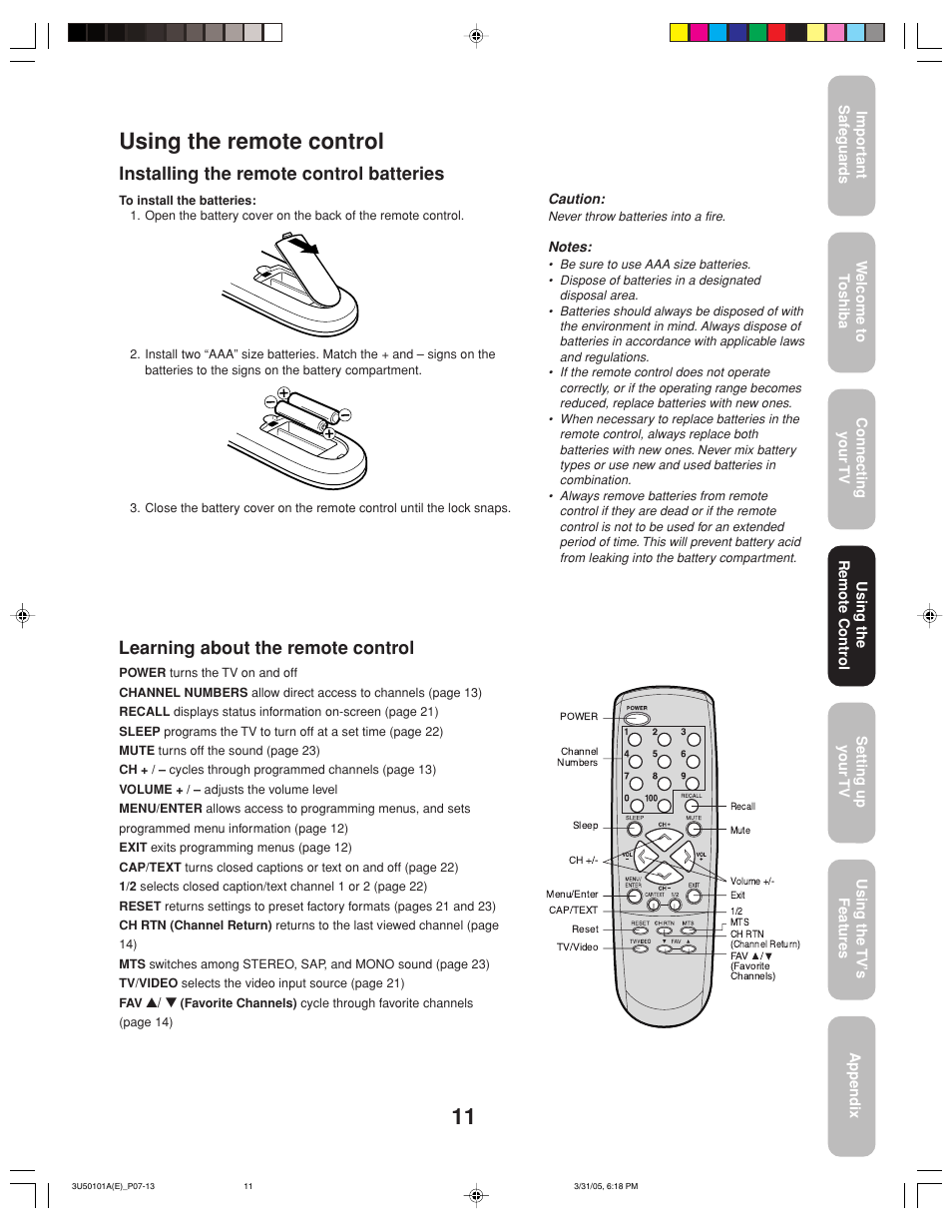 Using the remote control, Installing the remote control batteries, Learning about the remote control | Toshiba 27A35C User Manual | Page 11 / 28