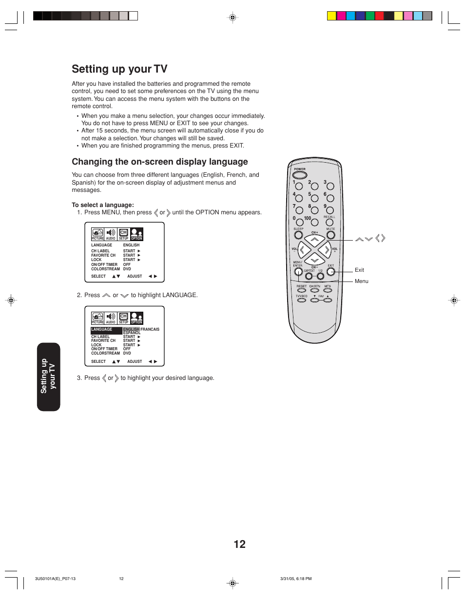 12 setting up your tv, Changing the on-screen display language, Setting up y our tv | Toshiba 27A35C User Manual | Page 12 / 28