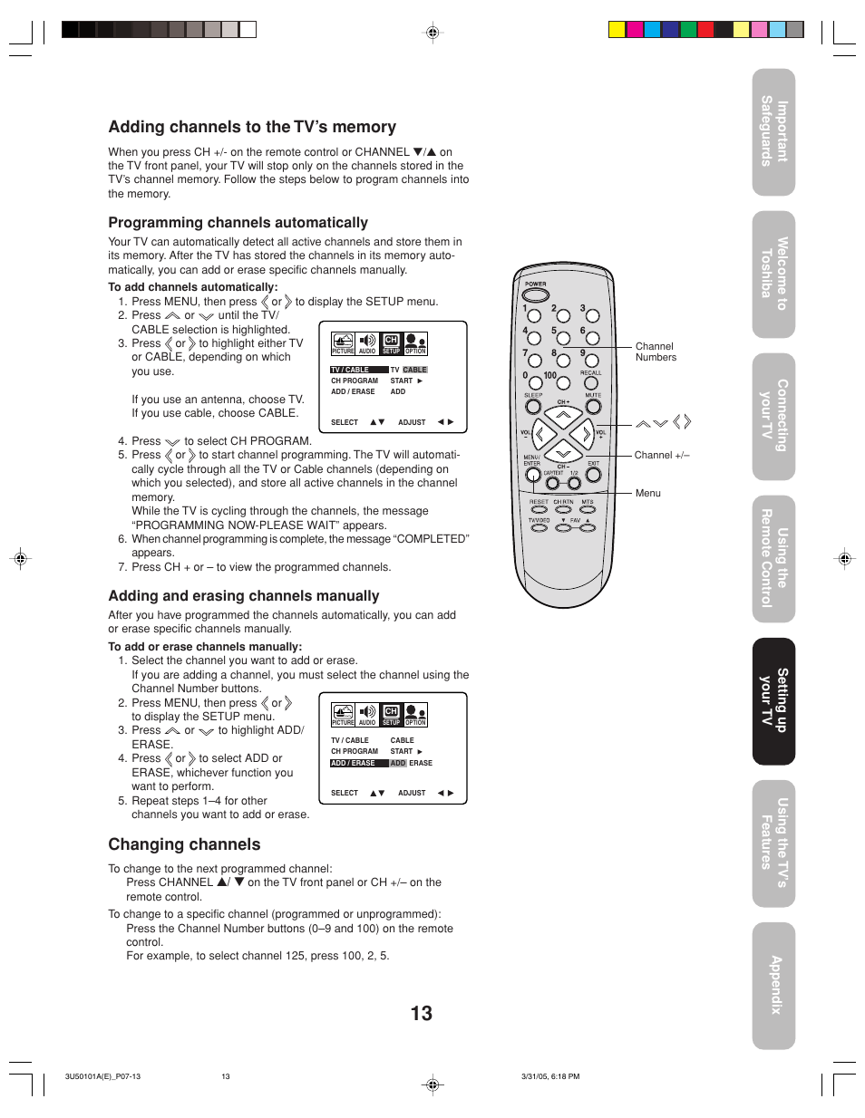 Changing channels, Programming channels automatically, Adding and erasing channels manually | Toshiba 27A35C User Manual | Page 13 / 28