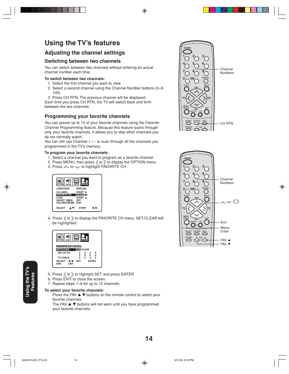 14 using the tv’s features, Adjusting the channel settings, Switching between two channels | Programming your favorite channels, Using the tv’ s features | Toshiba 27A35C User Manual | Page 14 / 28