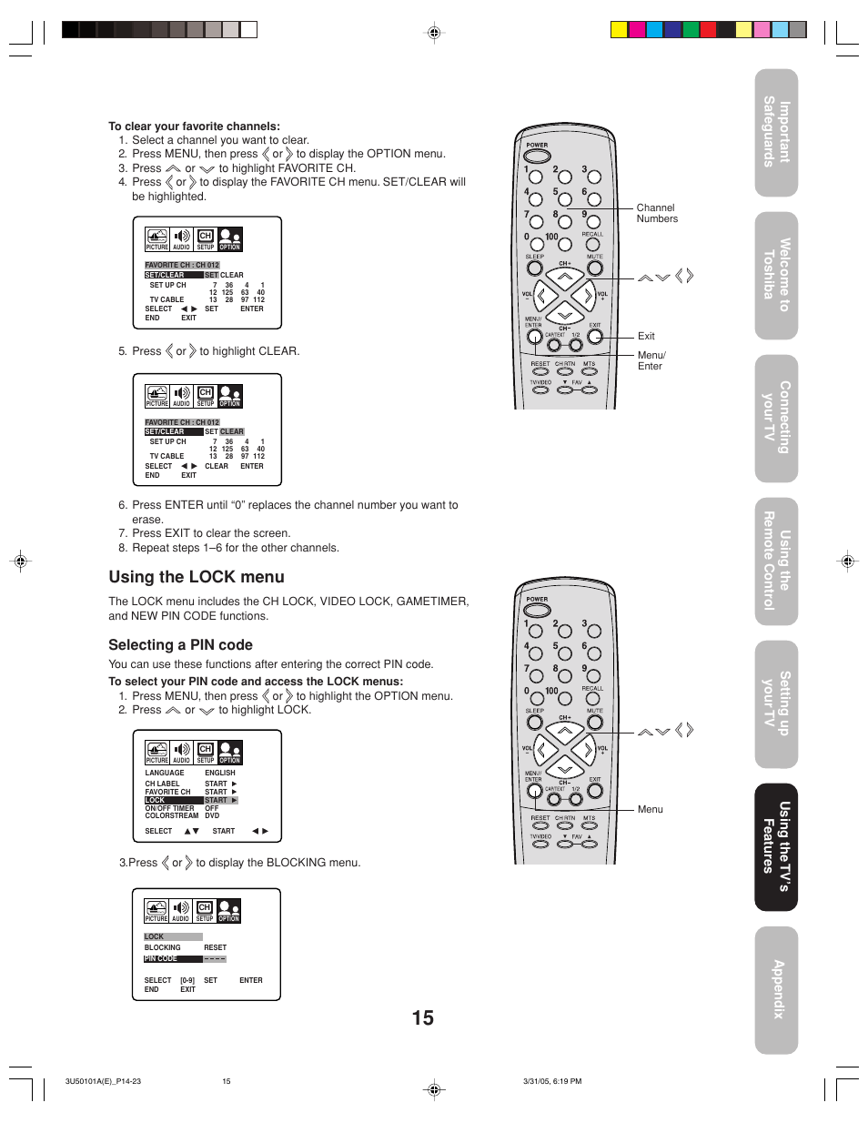 Using the lock menu, Selecting a pin code, Using the tv’ s features | Toshiba 27A35C User Manual | Page 15 / 28