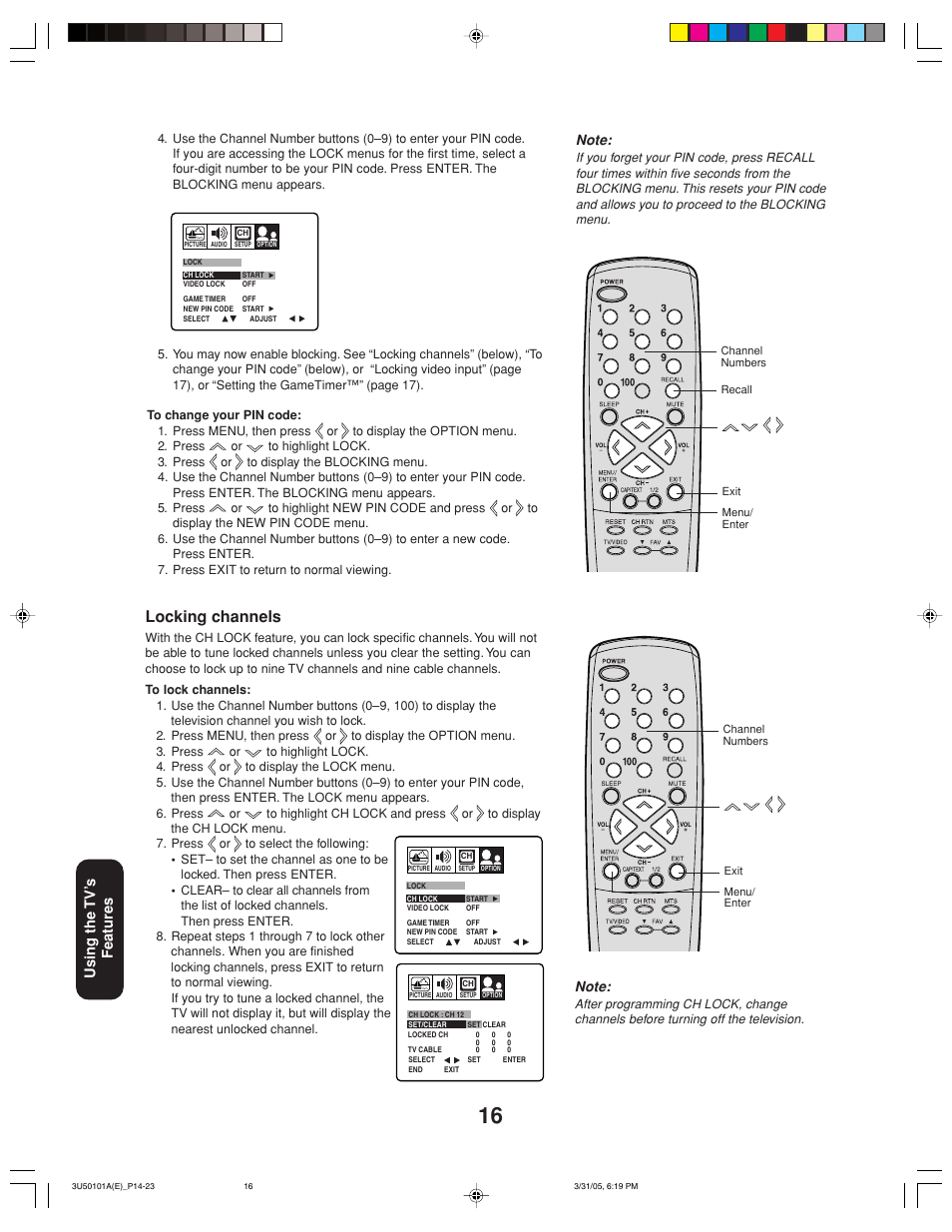 Locking channels, Using the tv’ s features | Toshiba 27A35C User Manual | Page 16 / 28