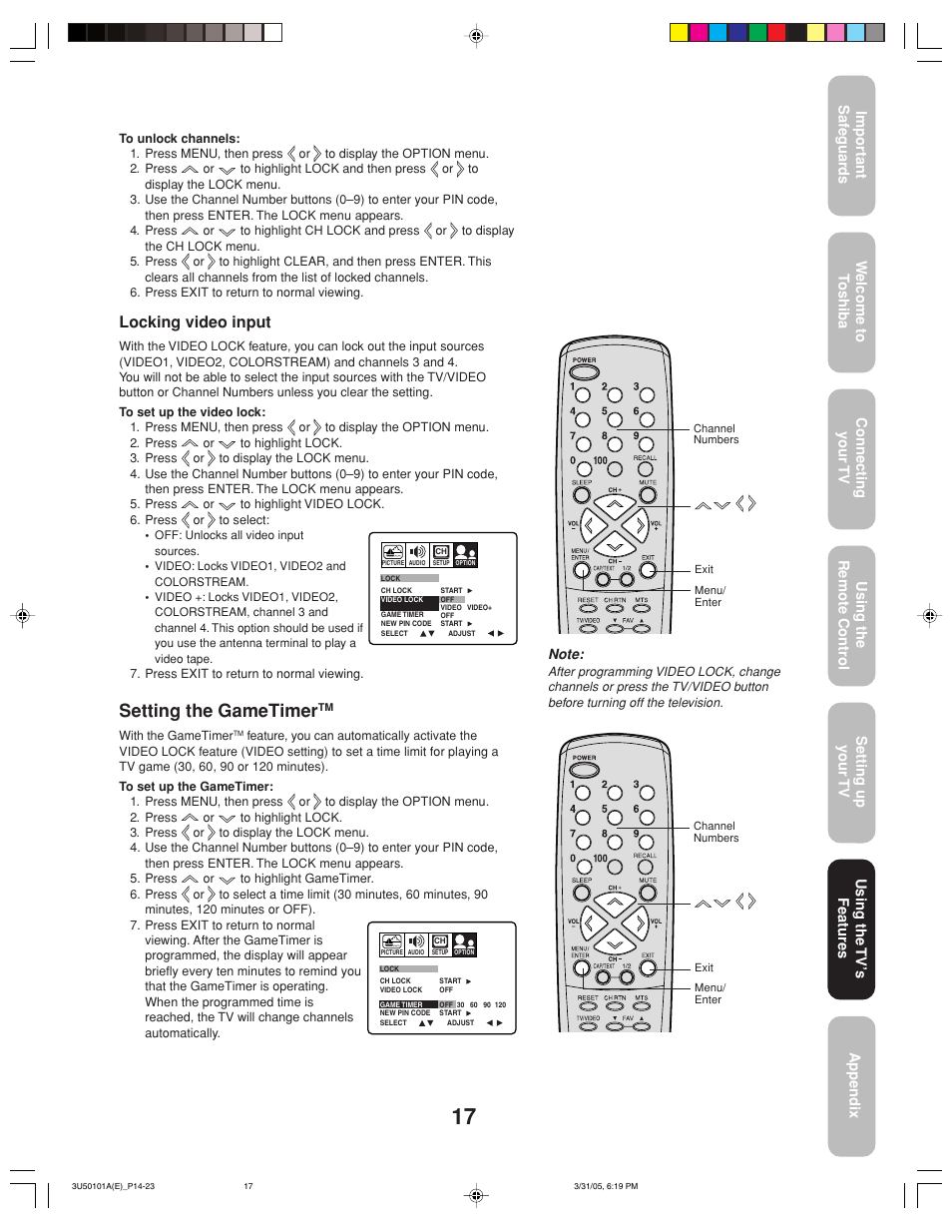 Setting the gametimer, Locking video input | Toshiba 27A35C User Manual | Page 17 / 28