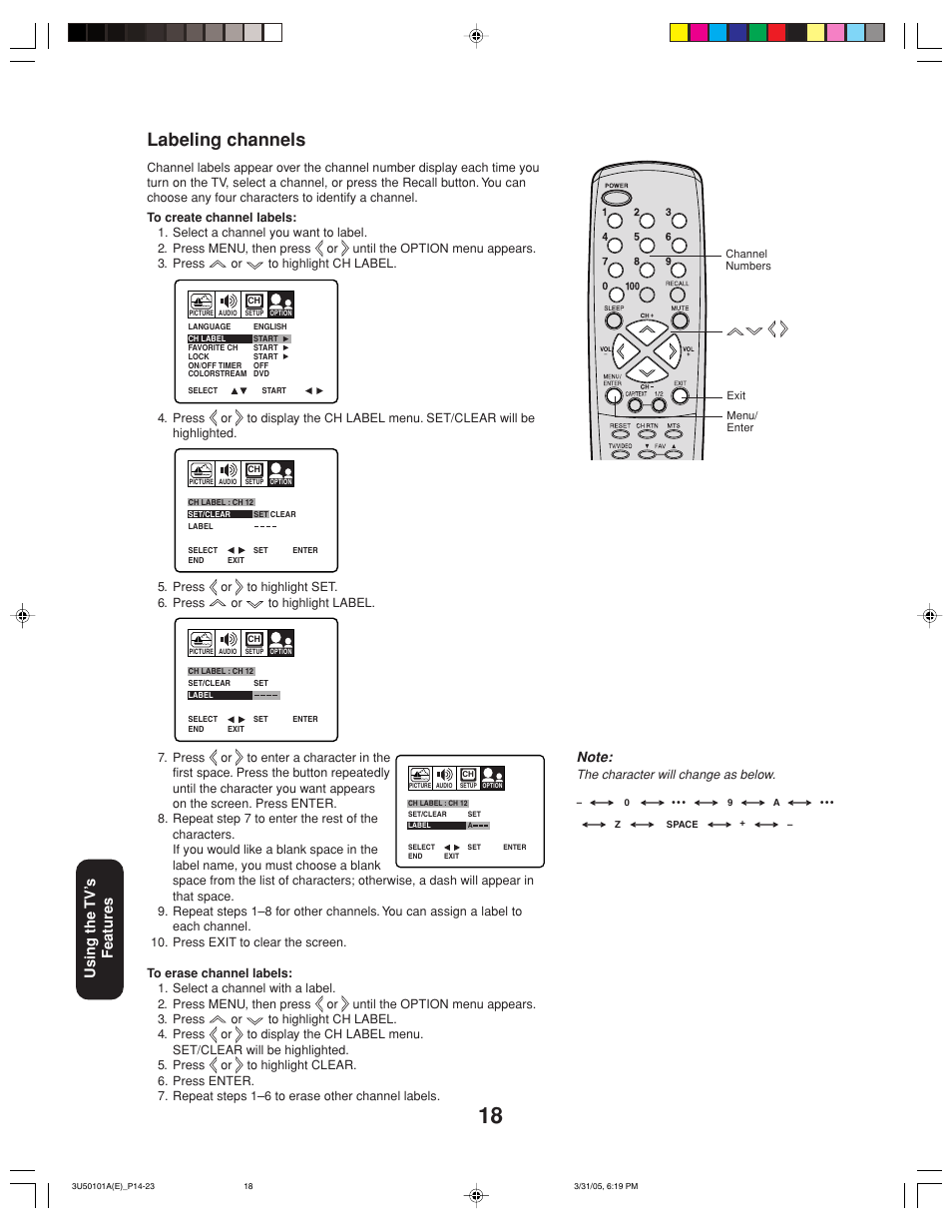 Labeling channels, Using the tv’ s features | Toshiba 27A35C User Manual | Page 18 / 28